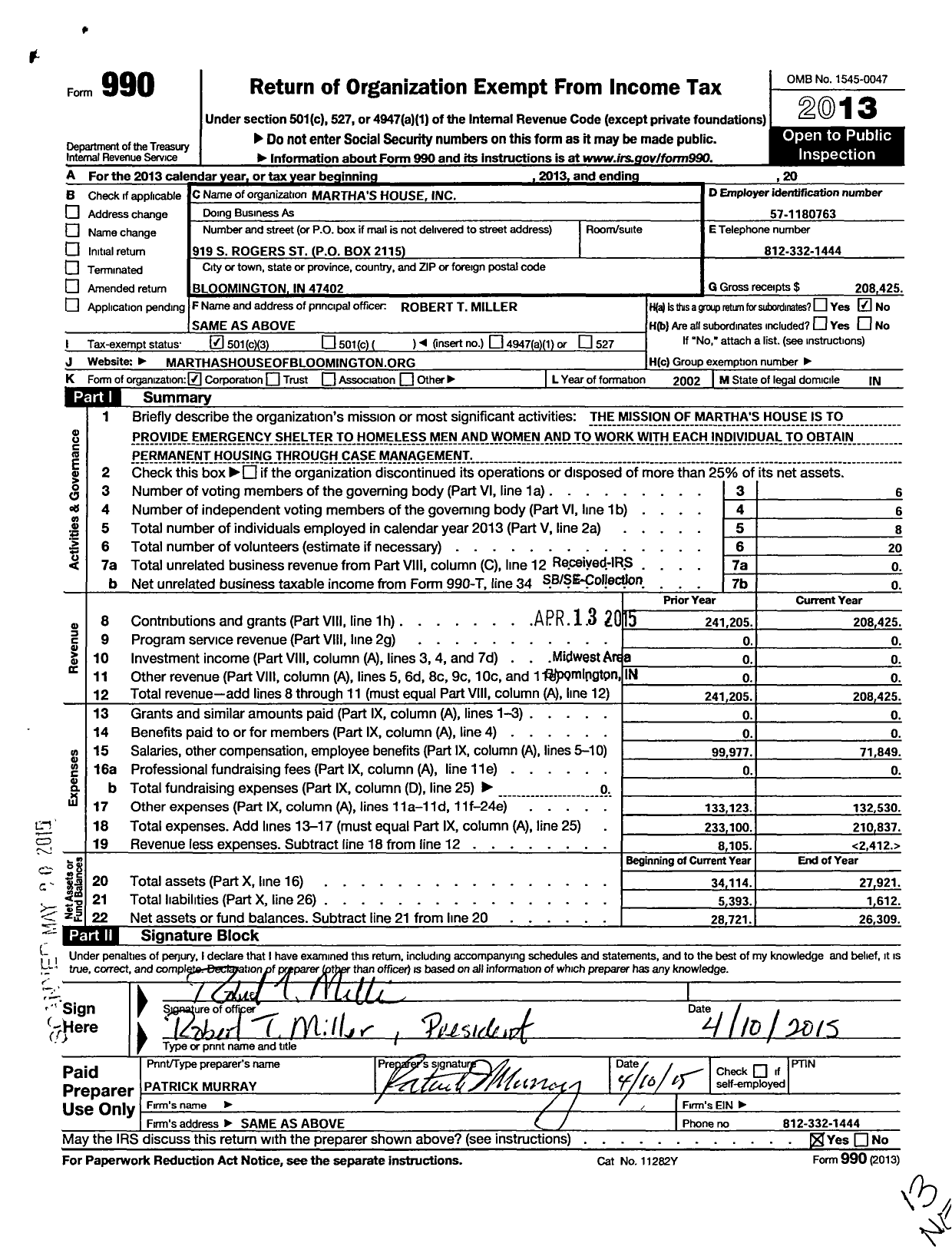 Image of first page of 2013 Form 990 for Marthas House