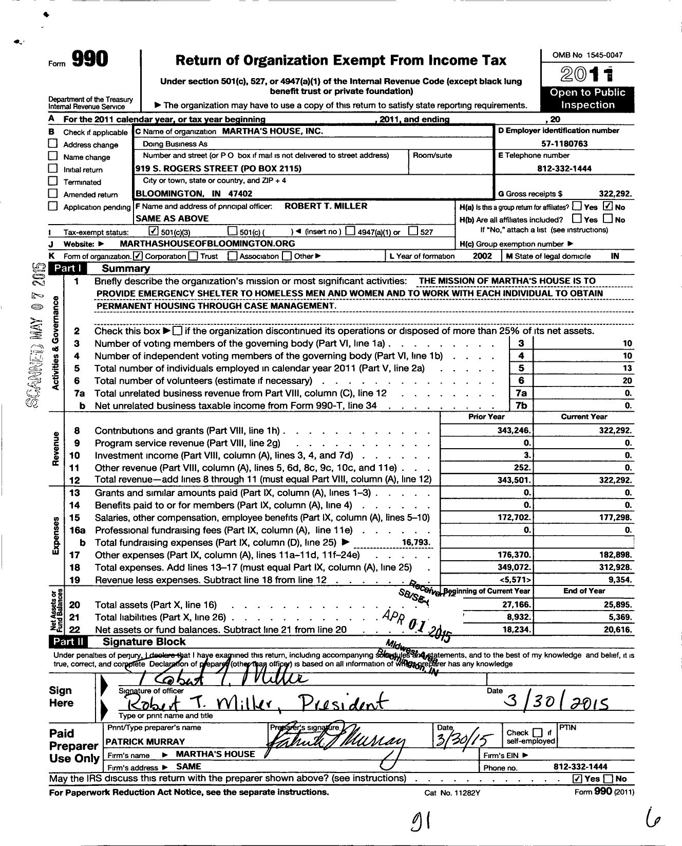 Image of first page of 2011 Form 990 for Marthas House