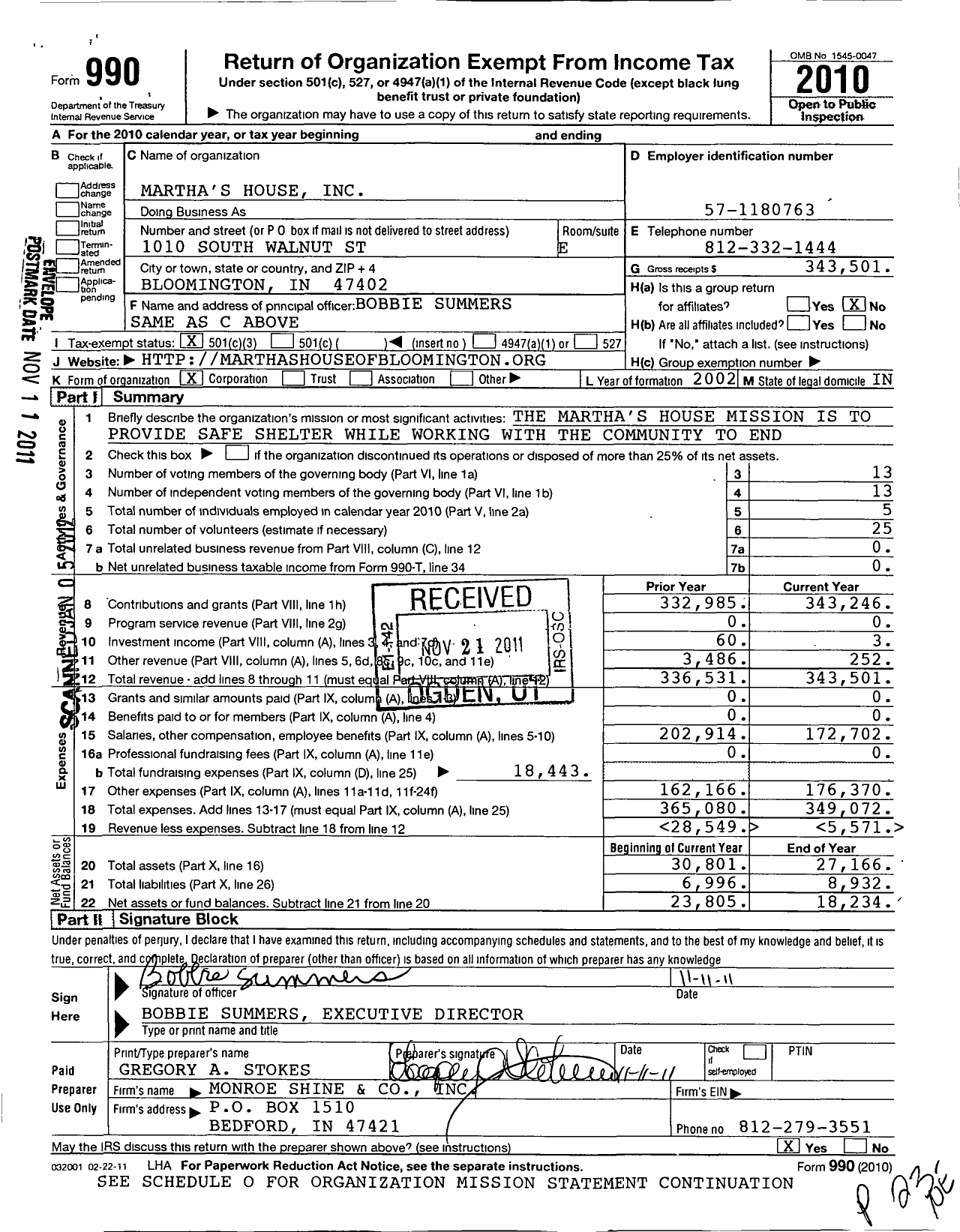 Image of first page of 2010 Form 990 for Marthas House