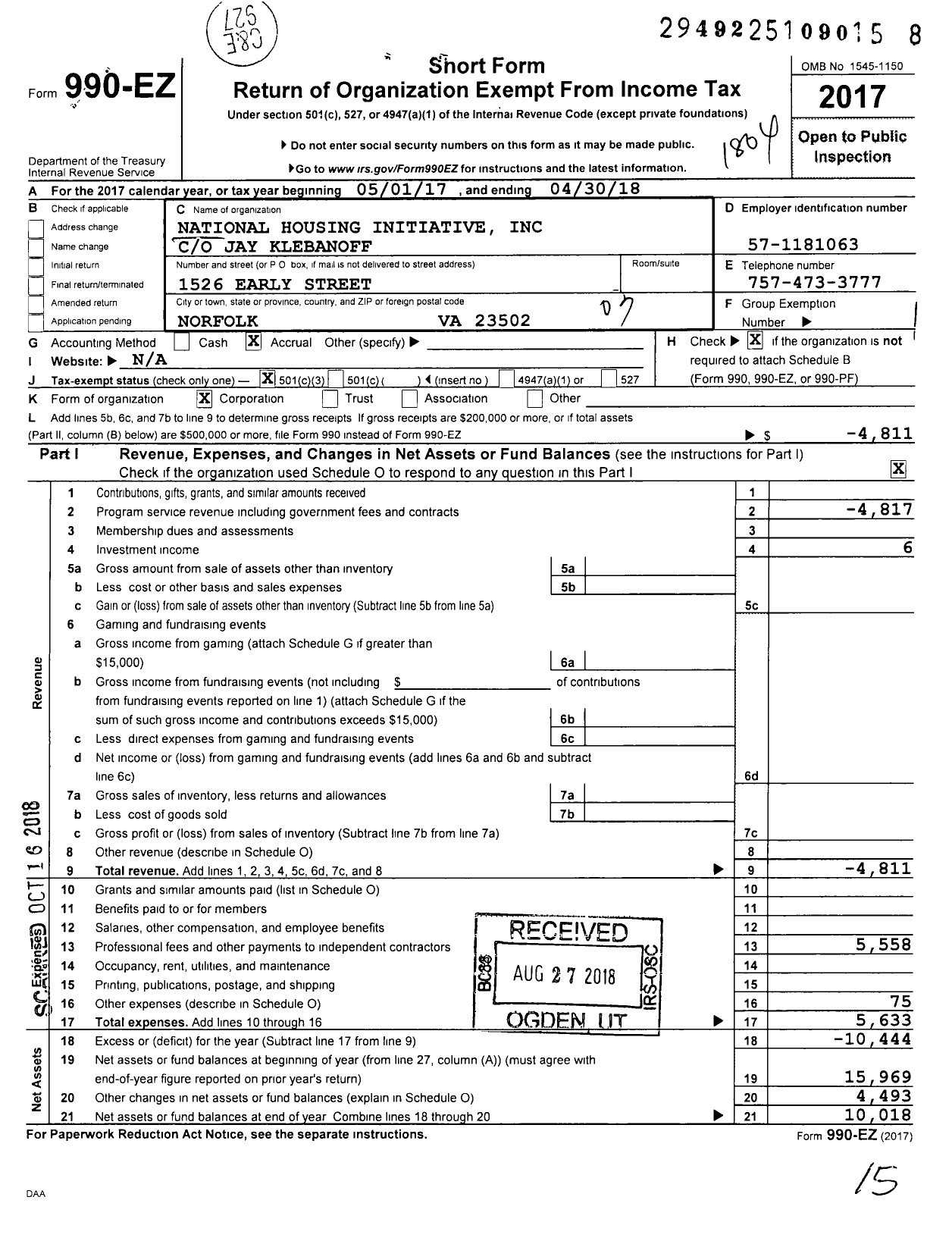 Image of first page of 2017 Form 990EZ for National Housing Initiative