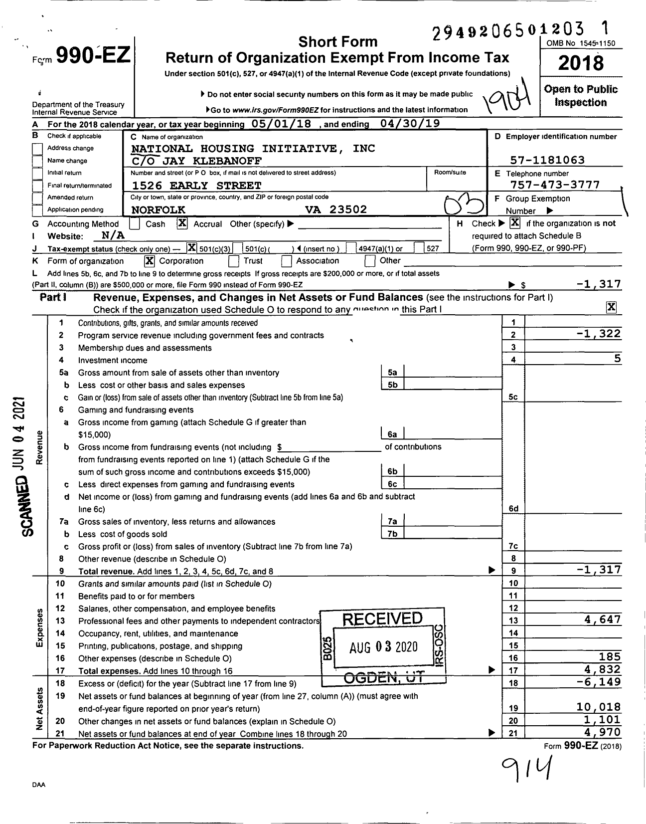 Image of first page of 2018 Form 990EZ for National Housing Initiative