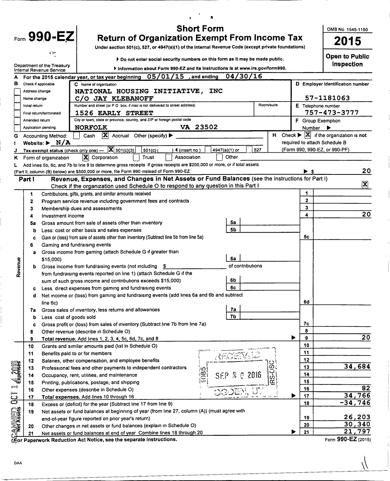 Image of first page of 2015 Form 990EZ for National Housing Initiative