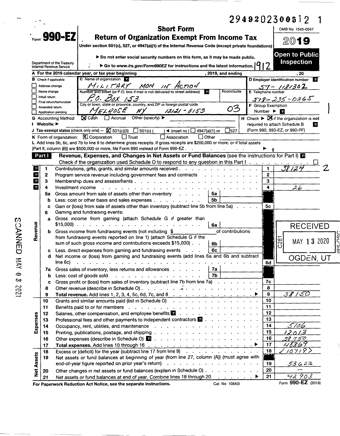 Image of first page of 2019 Form 990EZ for Military Mom in Action