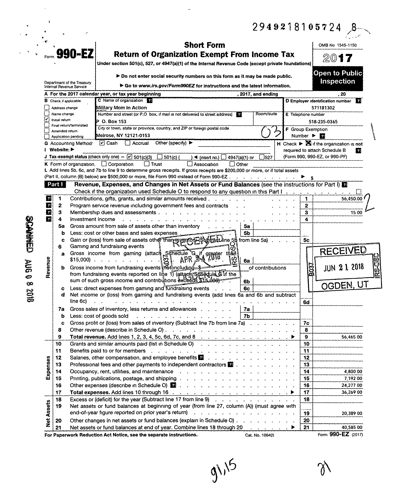 Image of first page of 2017 Form 990EZ for Military Mom in Action