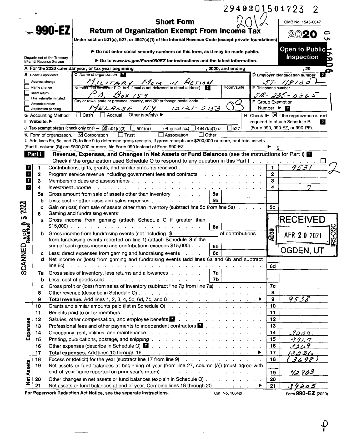 Image of first page of 2020 Form 990EZ for Military Mom in Action