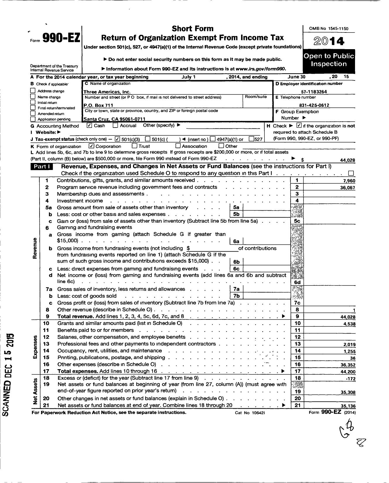 Image of first page of 2014 Form 990EZ for Three Americas