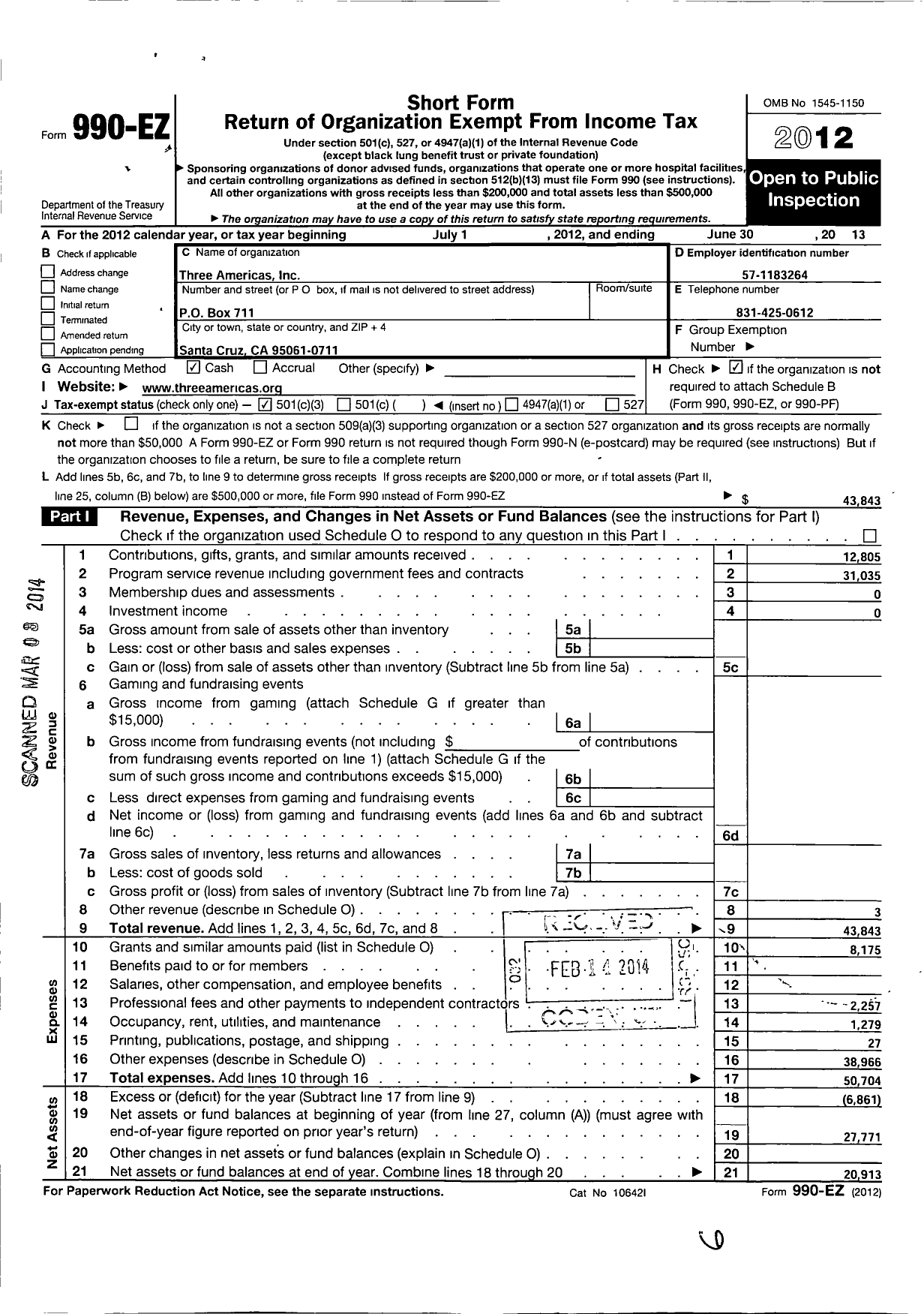 Image of first page of 2012 Form 990EZ for Three Americas