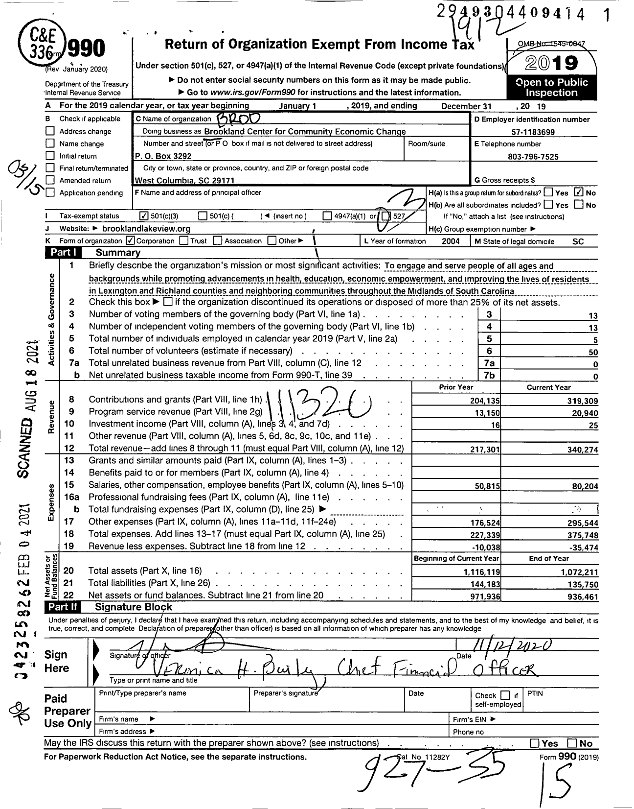 Image of first page of 2019 Form 990 for Brookland Center for Community Economic Change