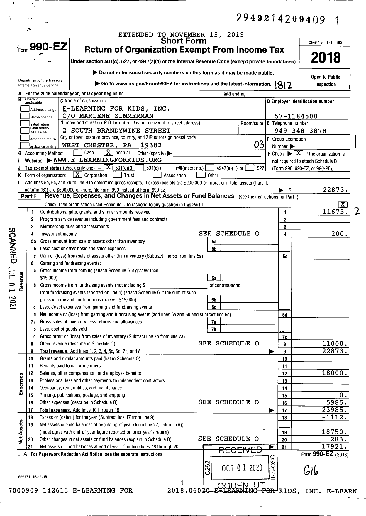 Image of first page of 2018 Form 990EZ for E-Learning for Kids