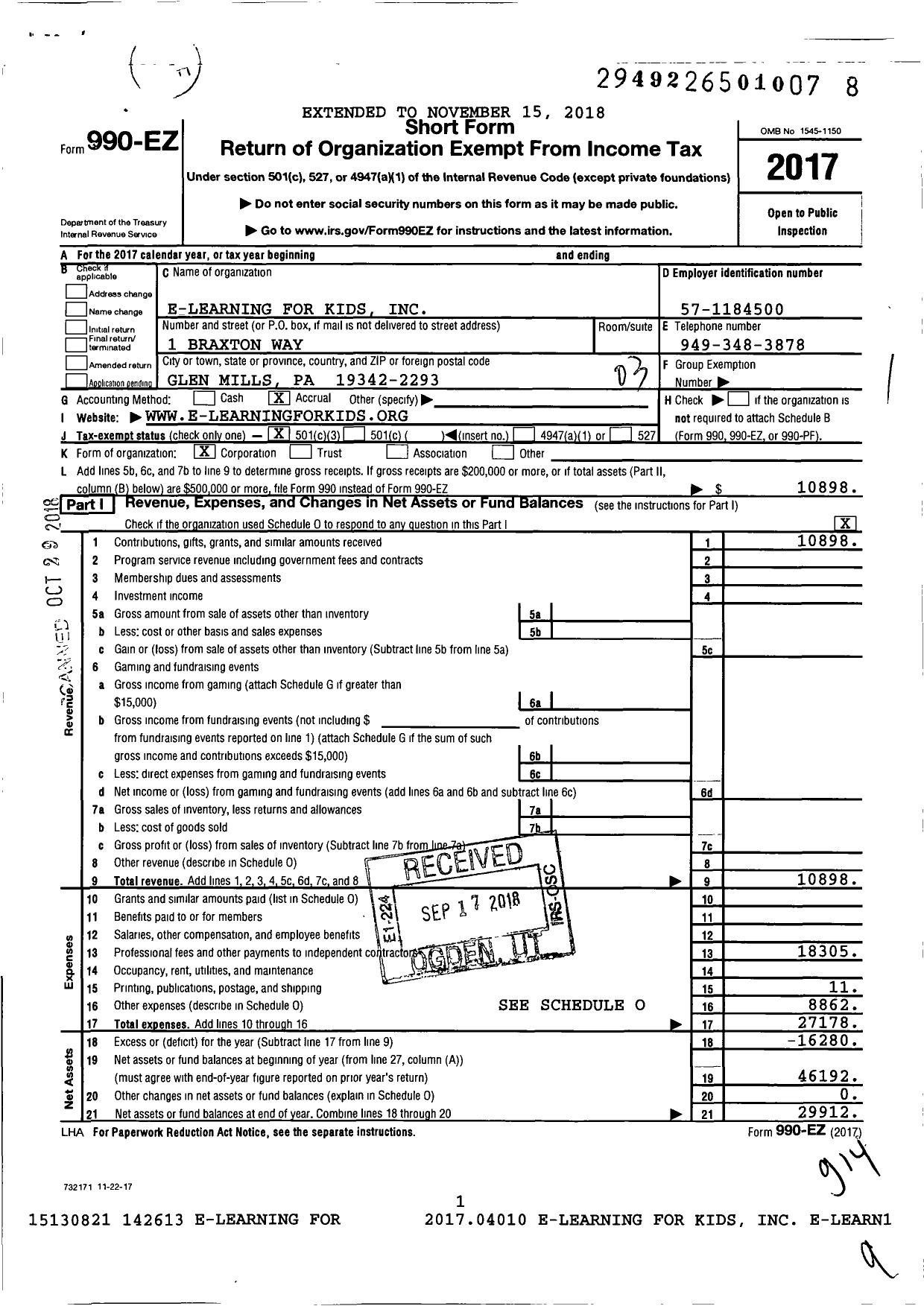 Image of first page of 2017 Form 990EZ for E-Learning for Kids