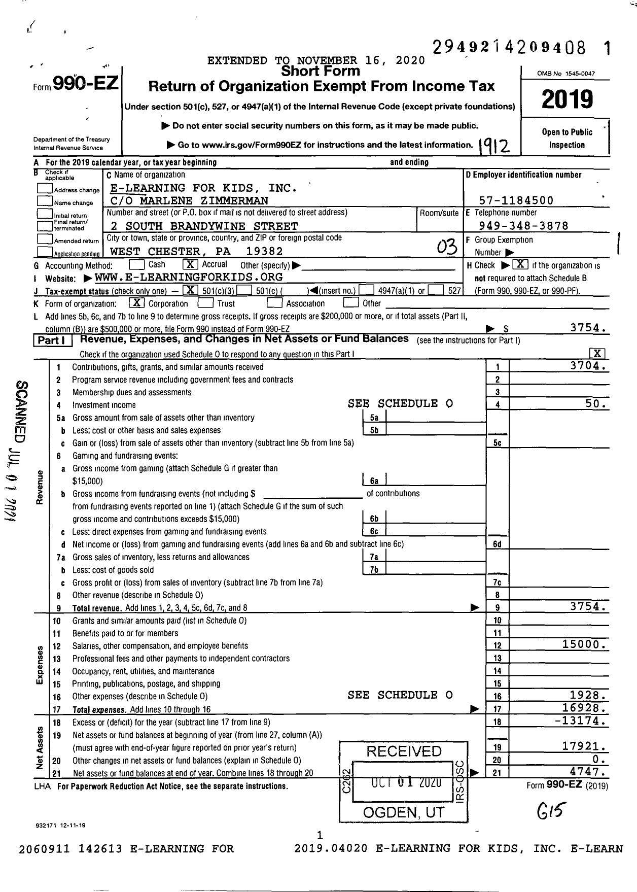 Image of first page of 2019 Form 990EZ for E-Learning for Kids