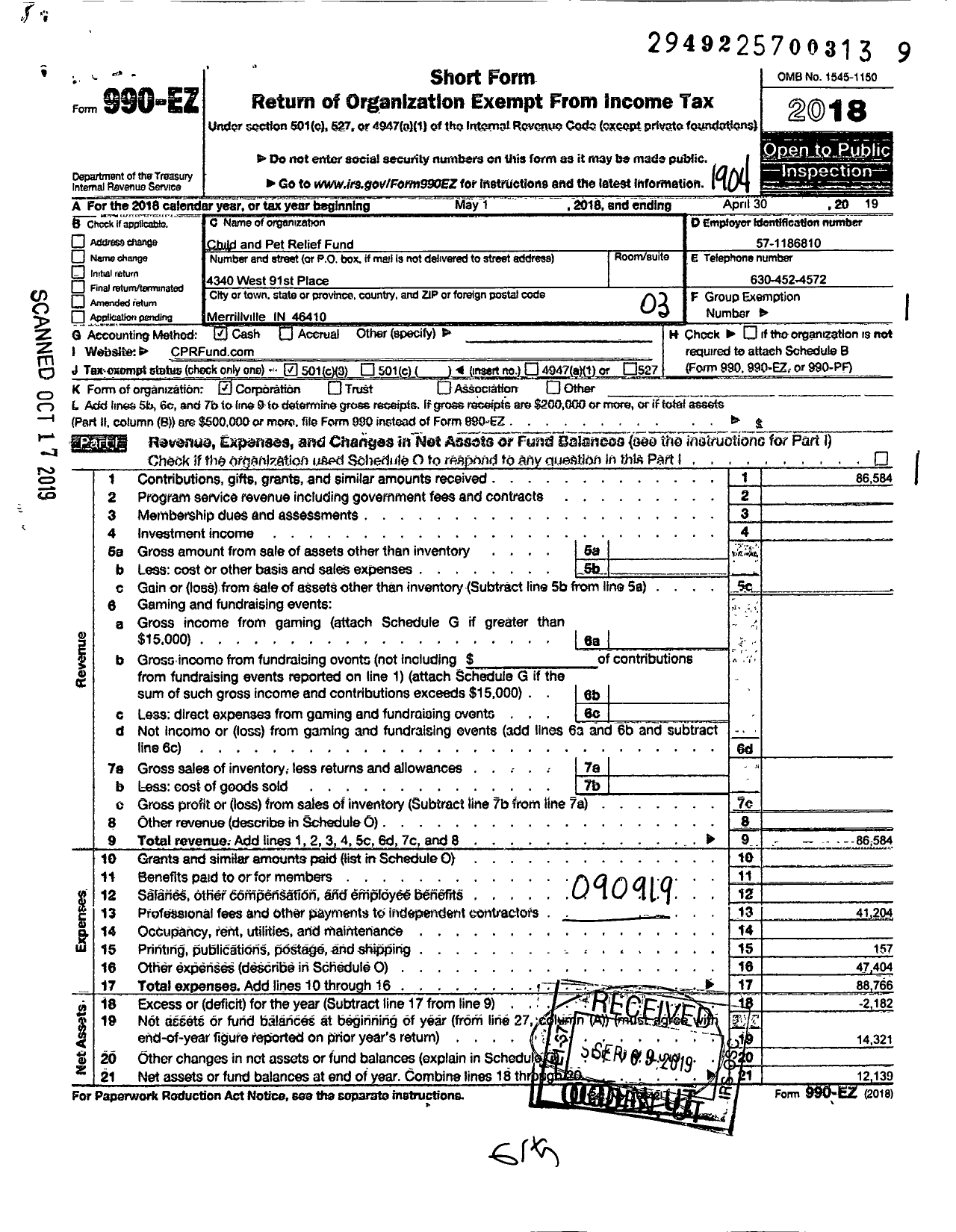 Image of first page of 2018 Form 990EZ for Child and Pet Relief Fund