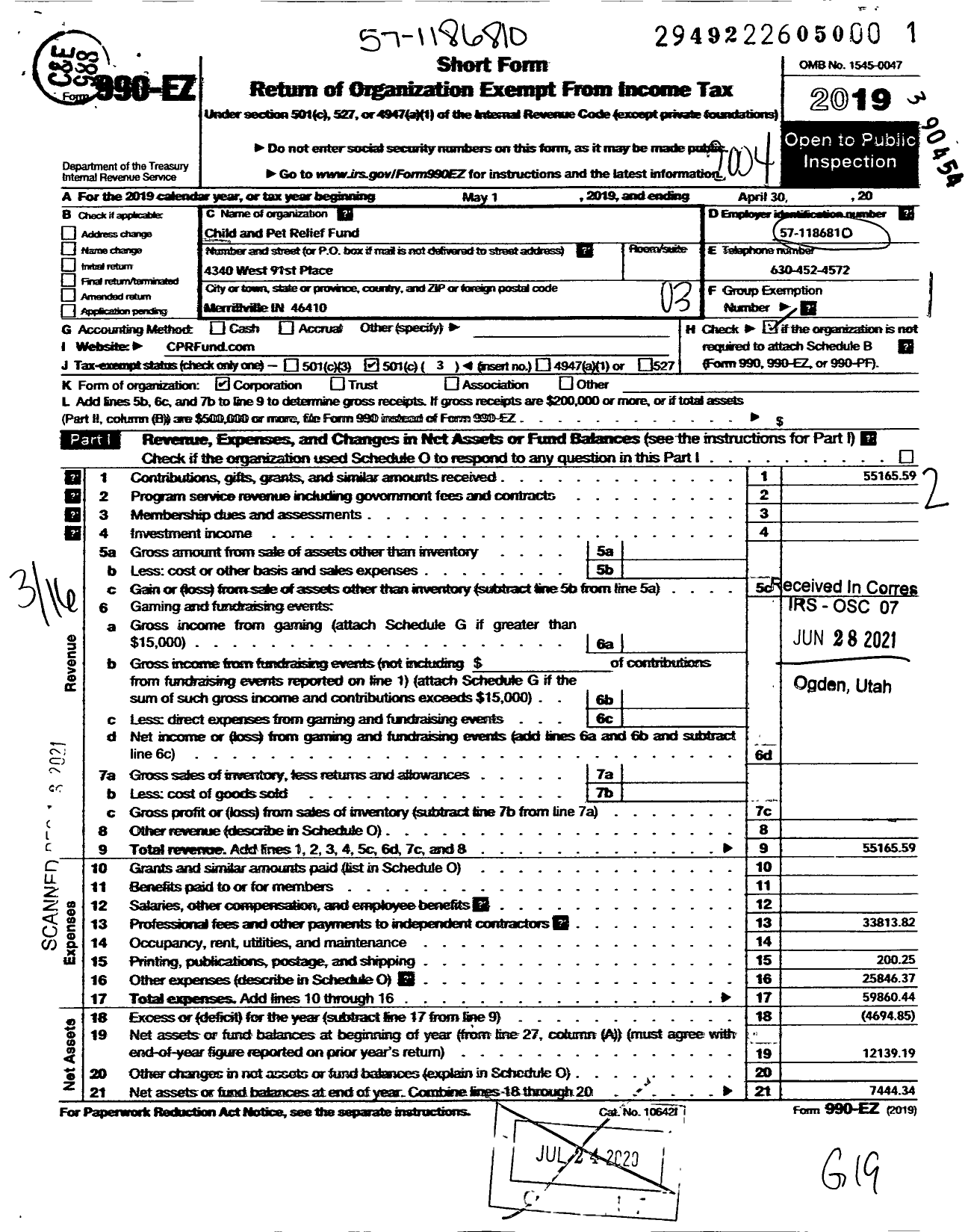 Image of first page of 2019 Form 990EZ for Child and Pet Relief Fund