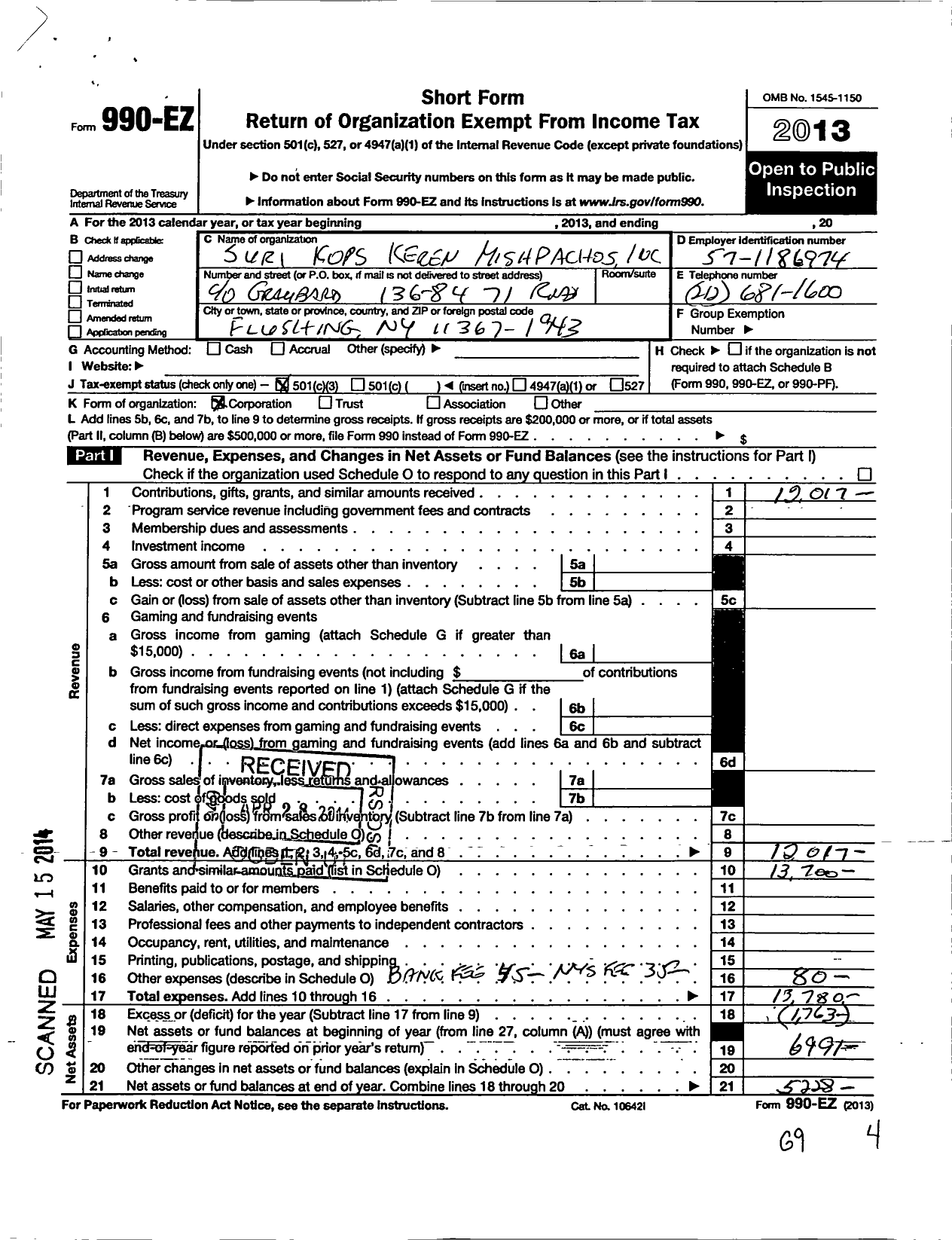 Image of first page of 2013 Form 990EZ for Suri Kops Keren Mishpachos