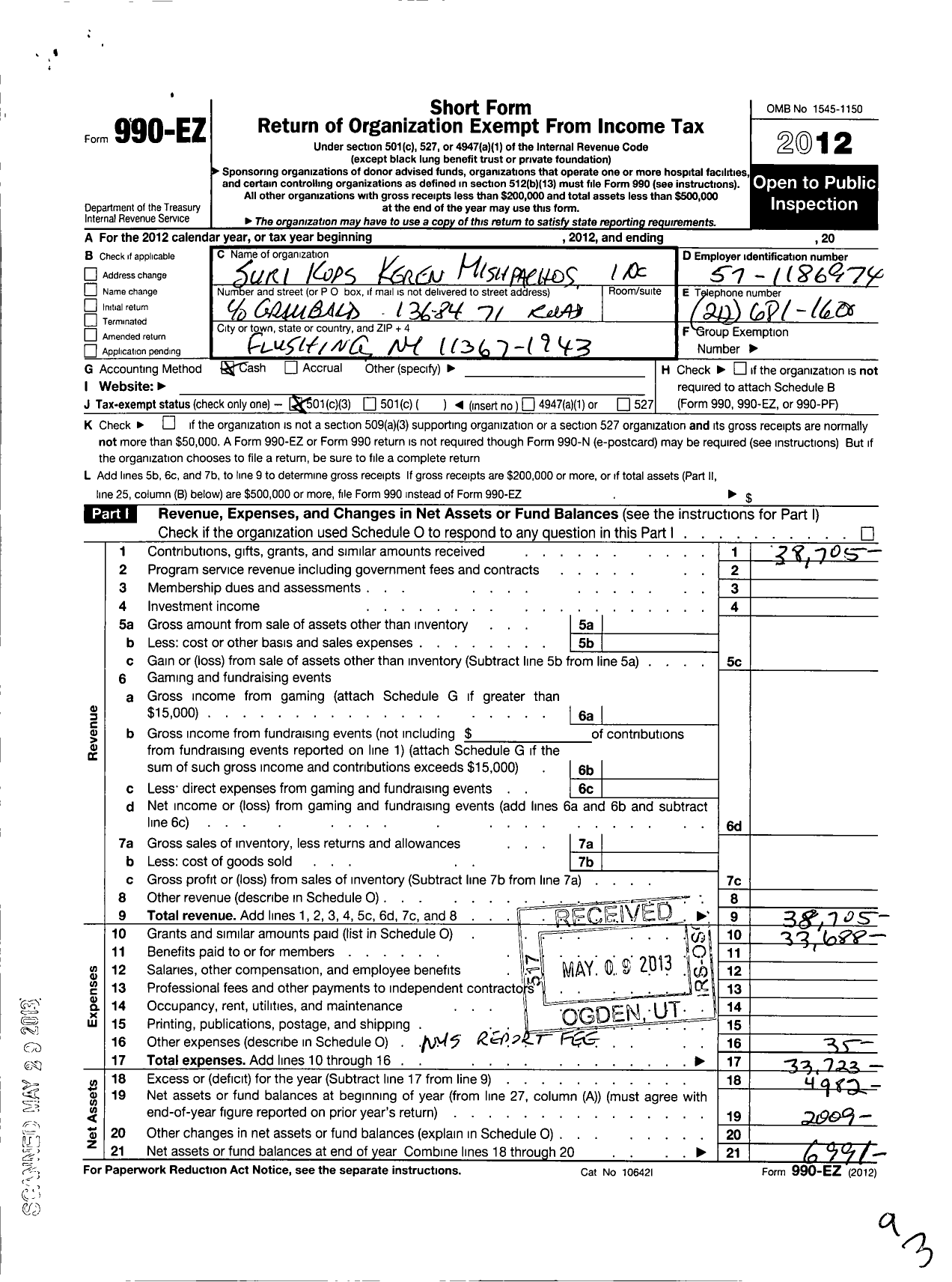 Image of first page of 2012 Form 990EZ for Suri Kops Keren Mishpachos