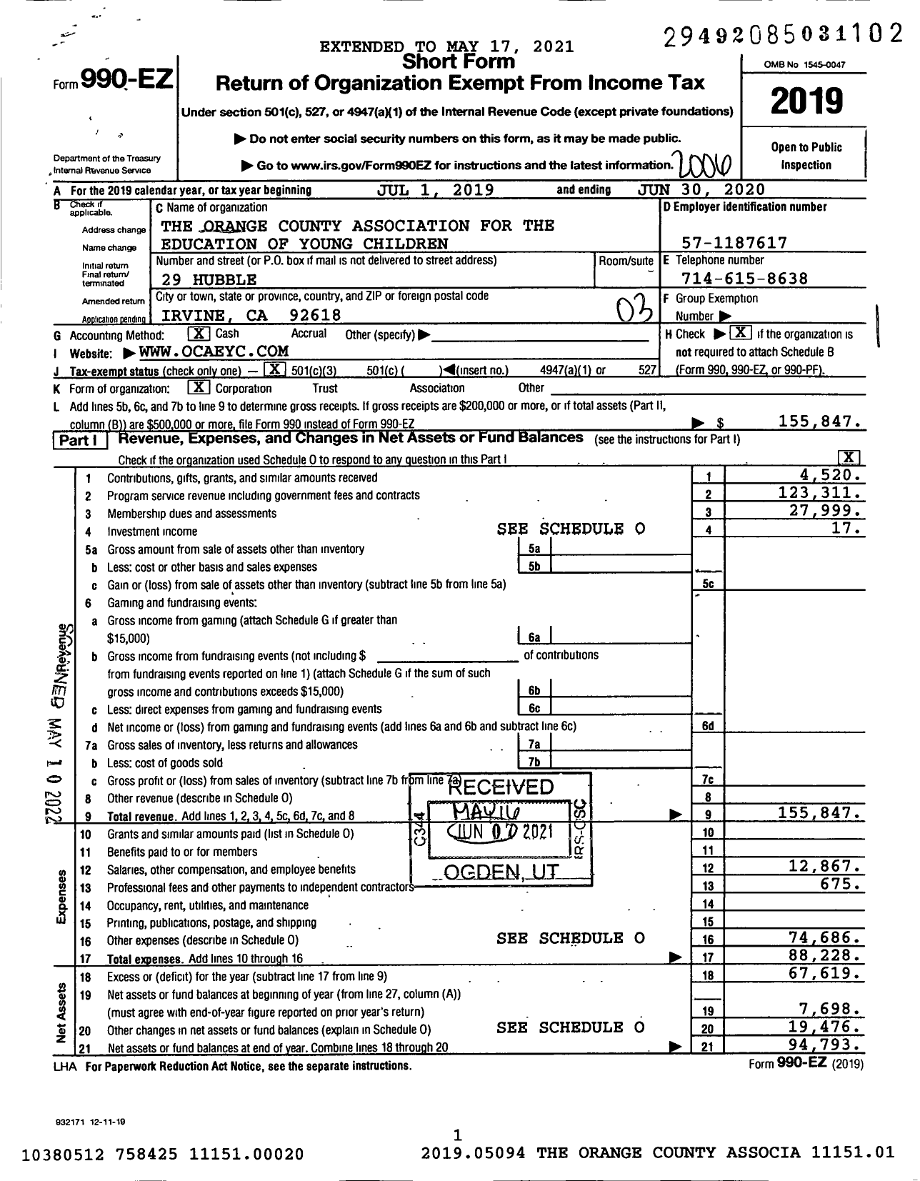 Image of first page of 2019 Form 990EZ for The Orange County Association for the Education of Young Children