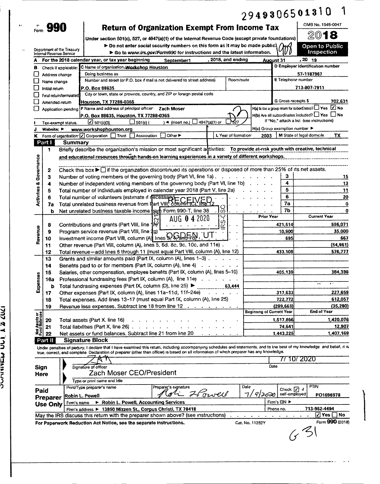 Image of first page of 2018 Form 990 for Workshop Houston