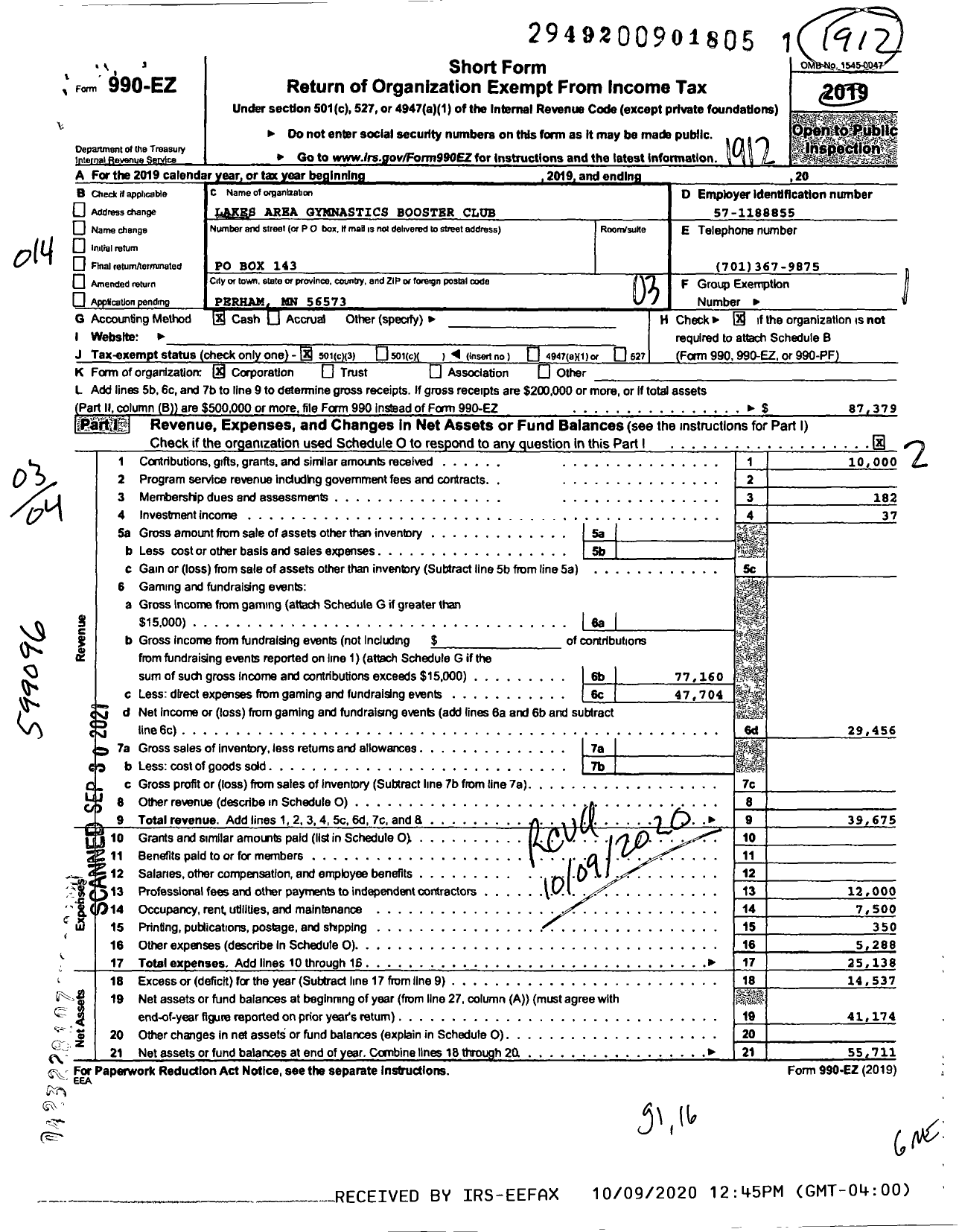 Image of first page of 2019 Form 990EZ for Lakes Area Gymnastics Booster Club