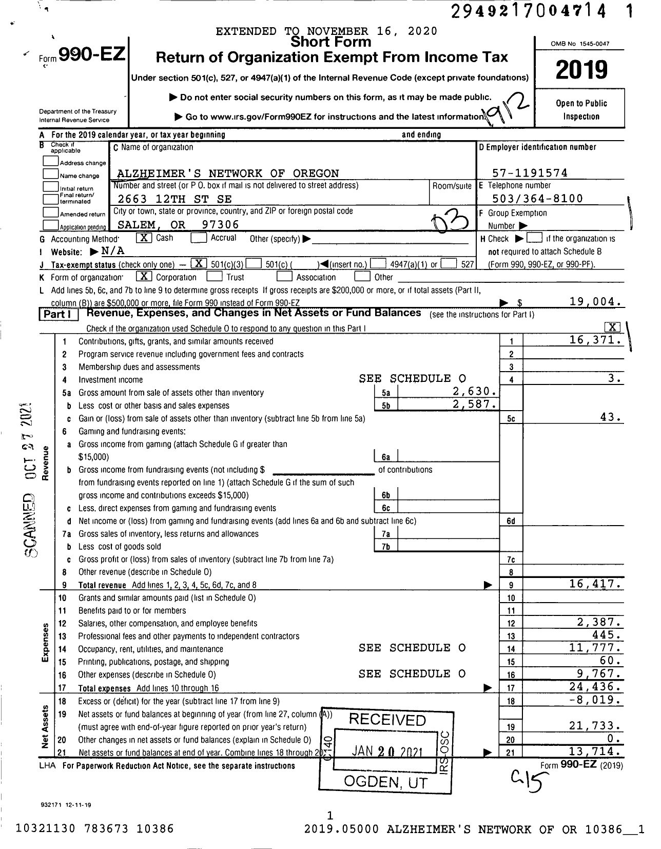 Image of first page of 2019 Form 990EZ for Alzheimer's Network of Oregon