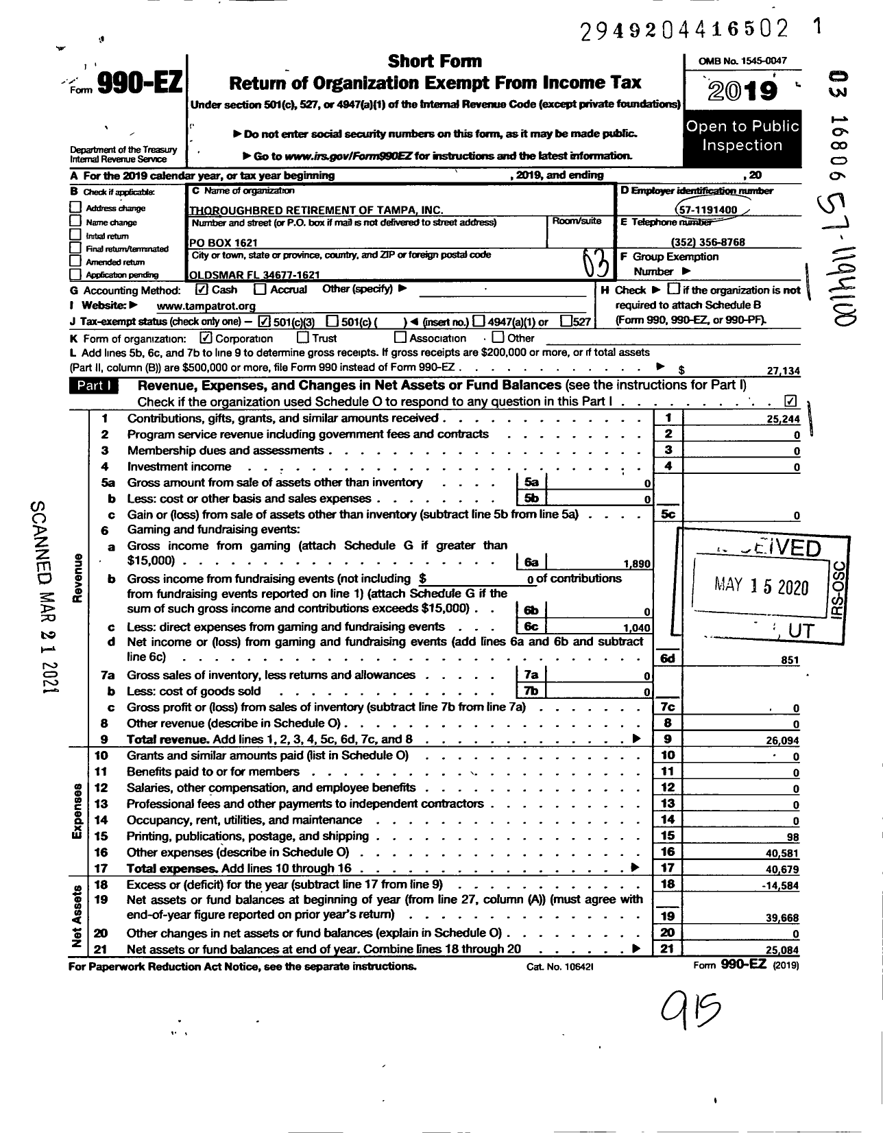 Image of first page of 2019 Form 990EZ for Thoroughbred Retirement of Tampa