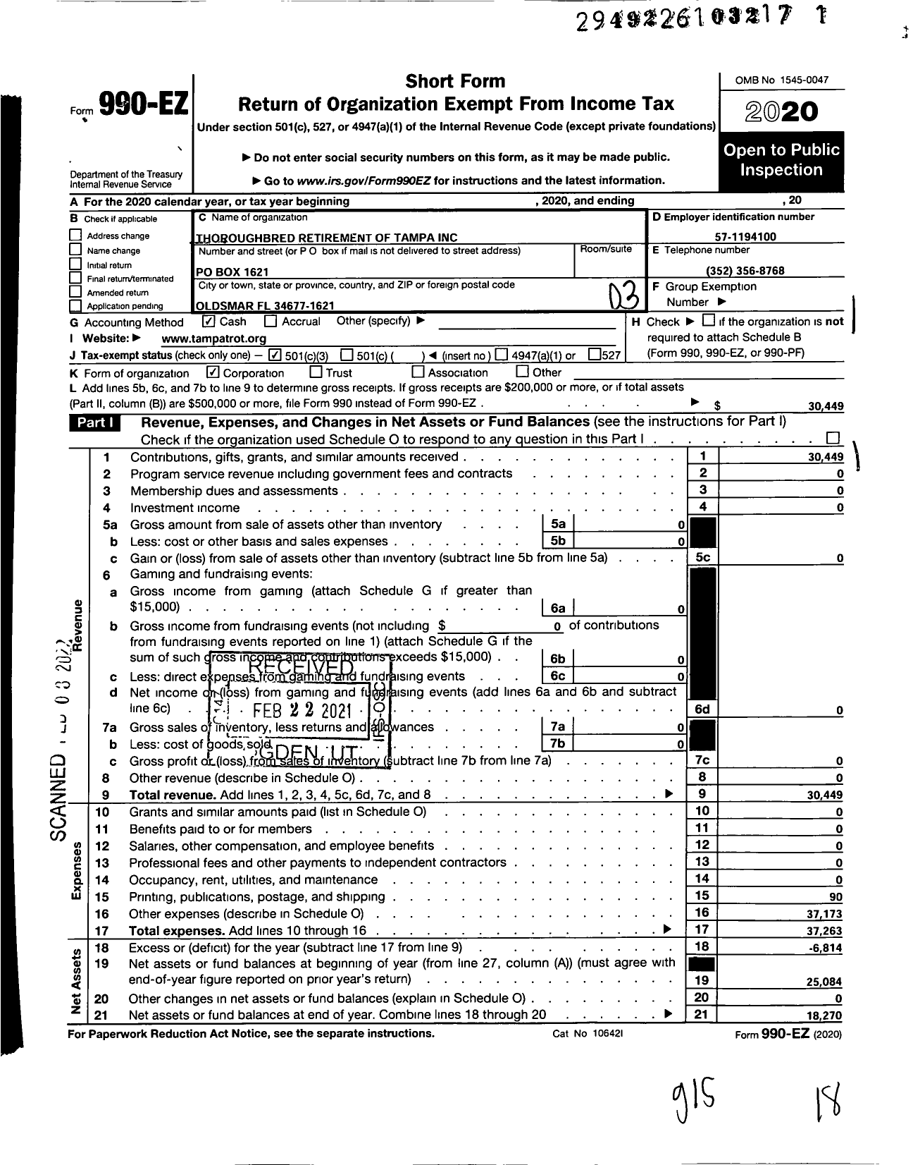 Image of first page of 2020 Form 990EZ for Thoroughbred Retirement of Tampa