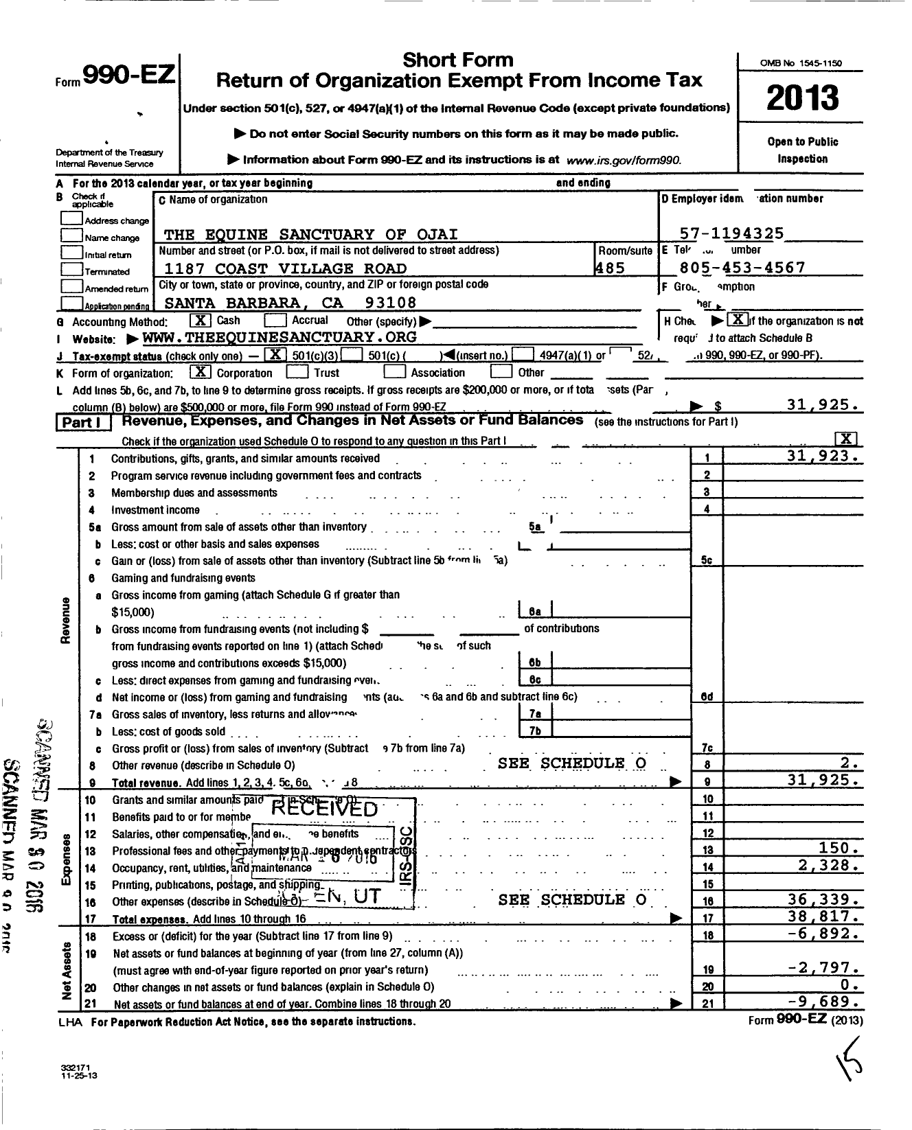 Image of first page of 2013 Form 990EZ for The Equine Sanctuary of Ojai