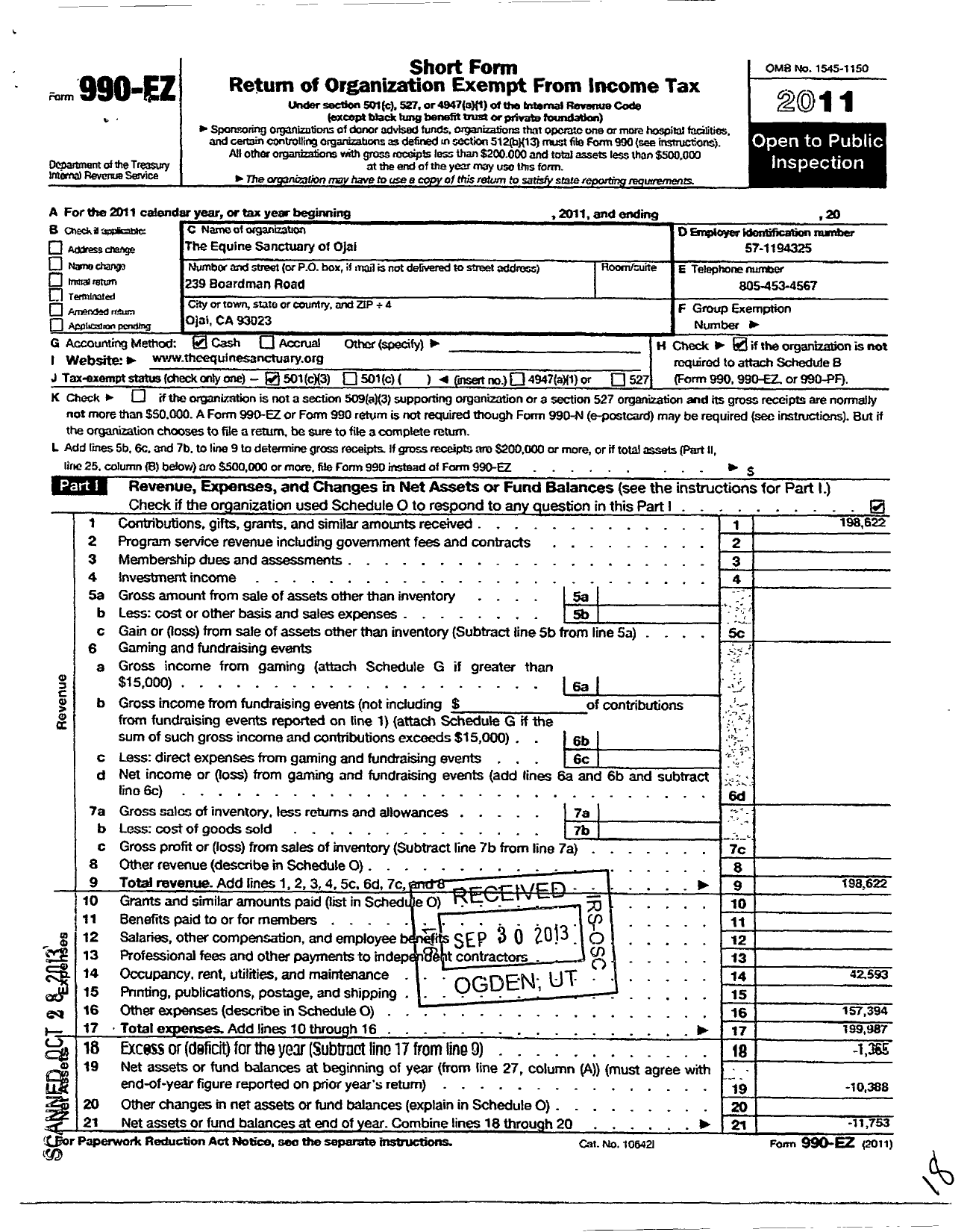 Image of first page of 2011 Form 990EZ for The Equine Sanctuary of Ojai