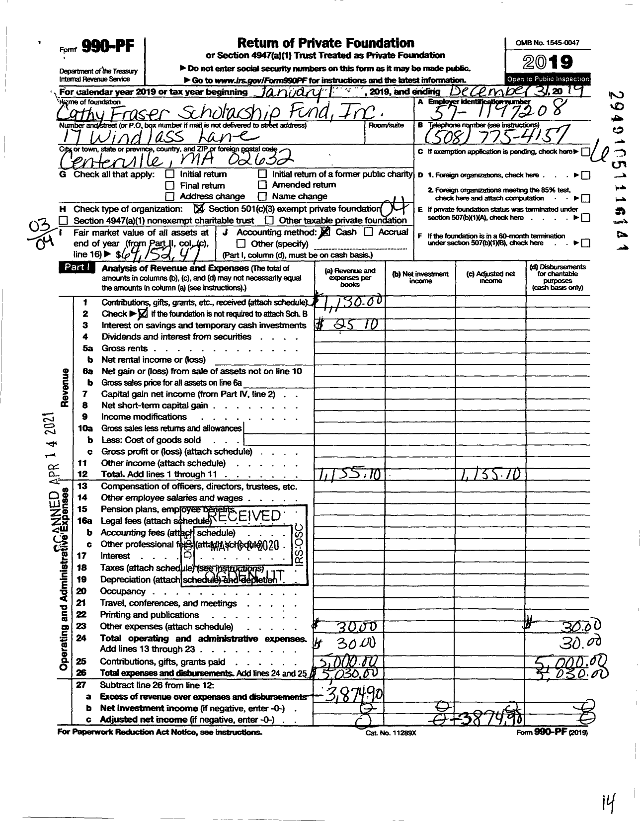 Image of first page of 2019 Form 990PF for Cathy Fraser Scholarship Fund