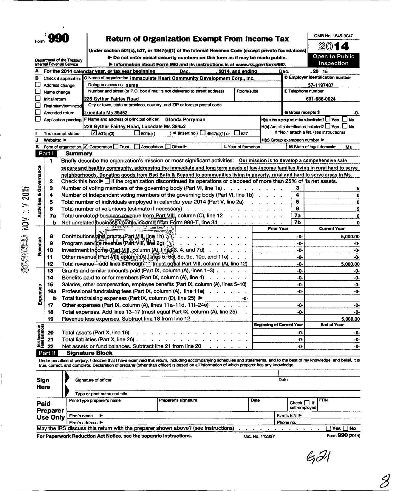 Image of first page of 2015 Form 990 for Immaculate Heart Community Development Corporation