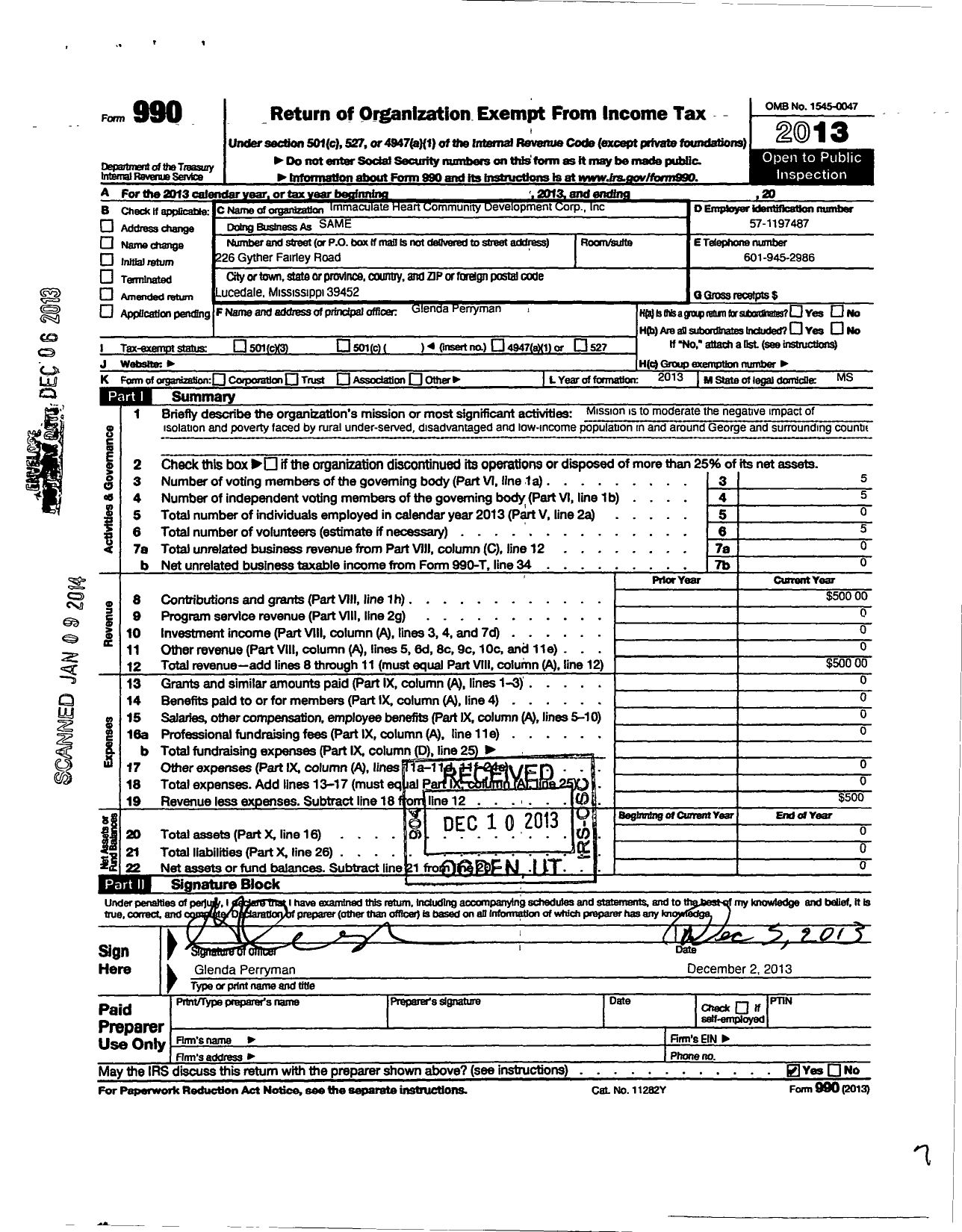 Image of first page of 2013 Form 990O for Immaculate Heart Community Development Corporation