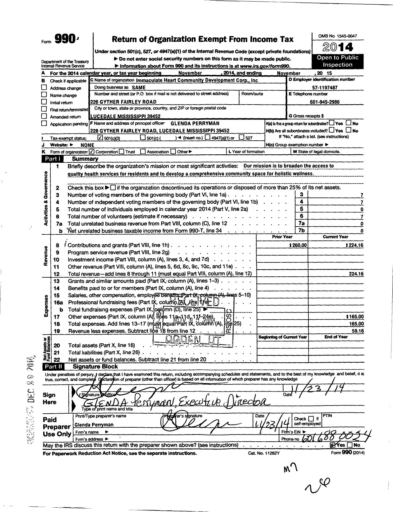 Image of first page of 2014 Form 990 for Immaculate Heart Community Development Corporation