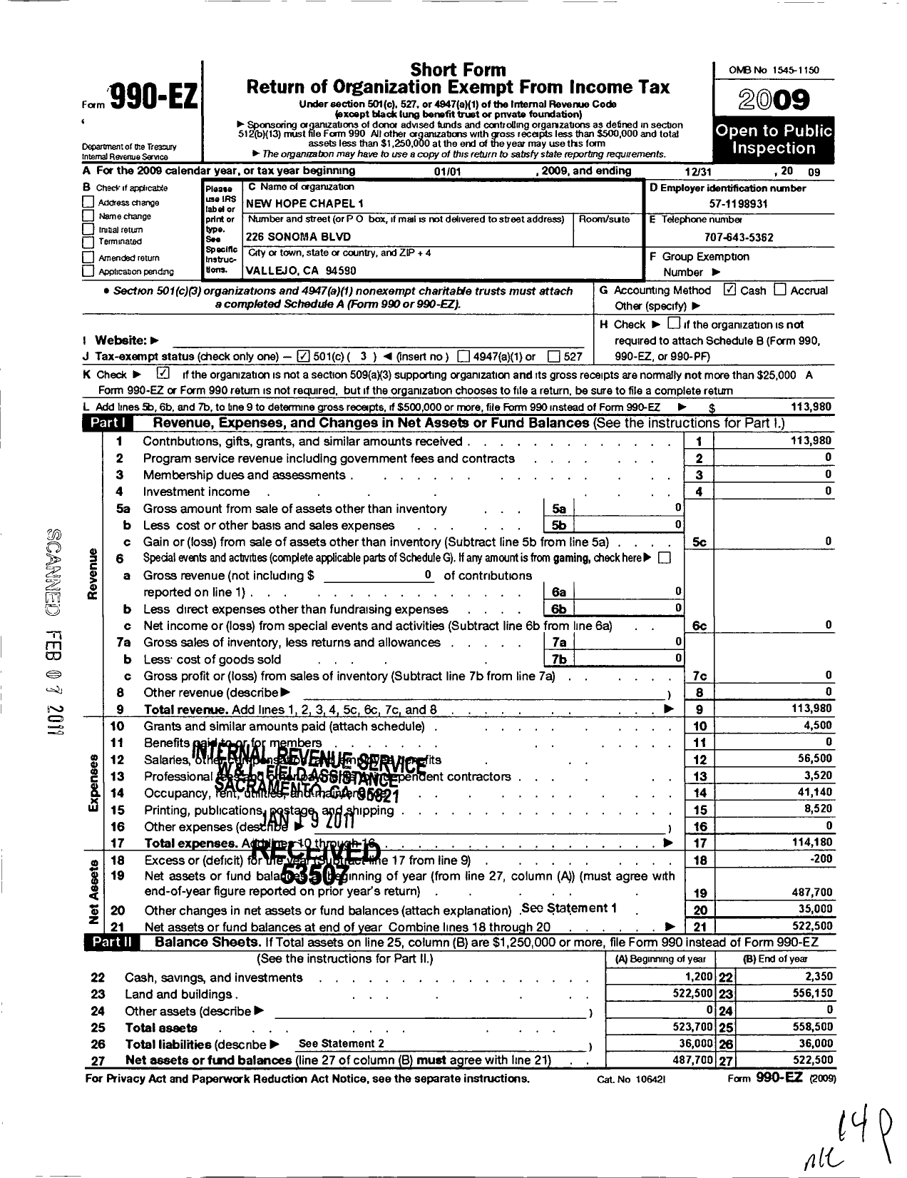 Image of first page of 2009 Form 990EZ for New Hope Chapel 1