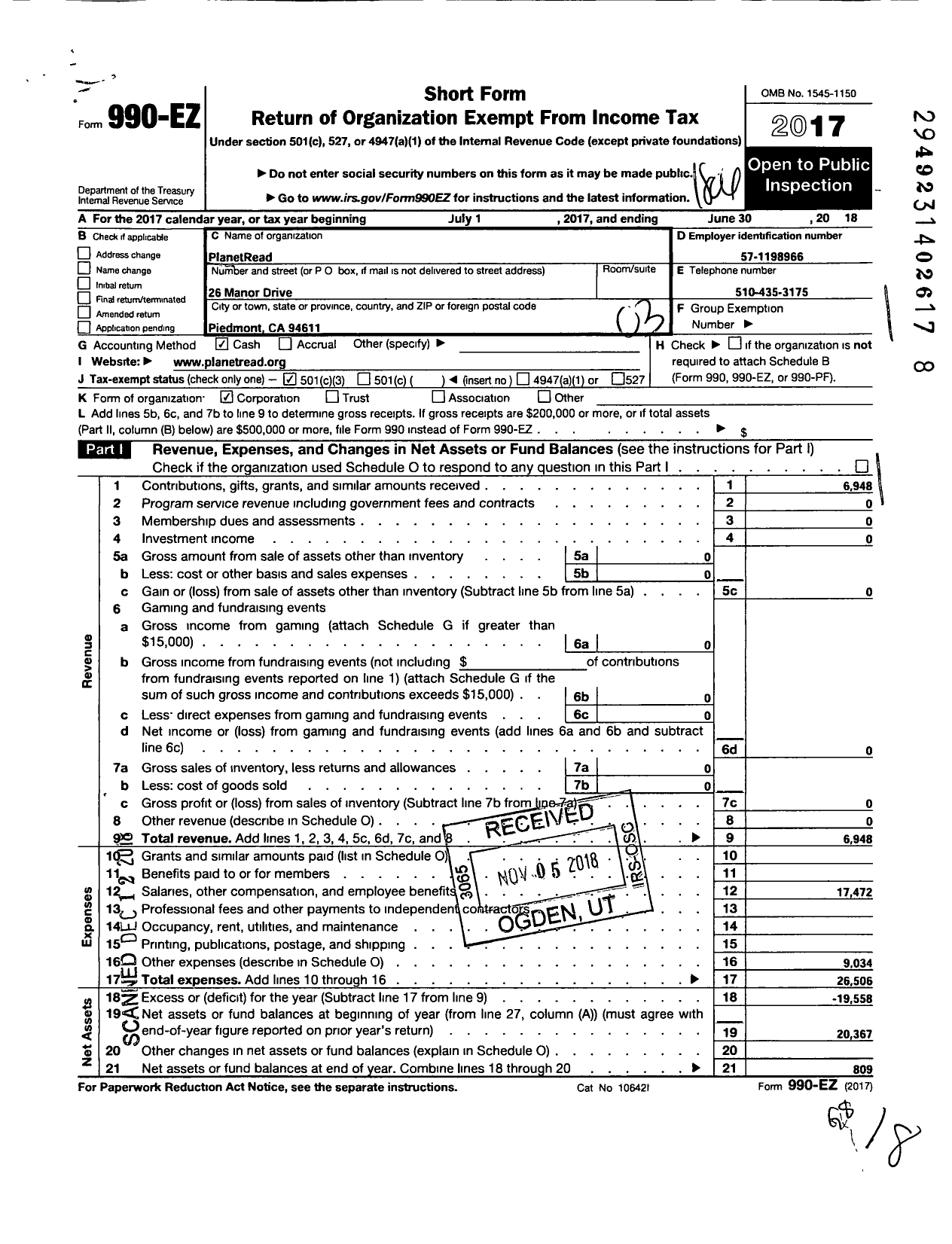 Image of first page of 2017 Form 990EZ for PlanetRead