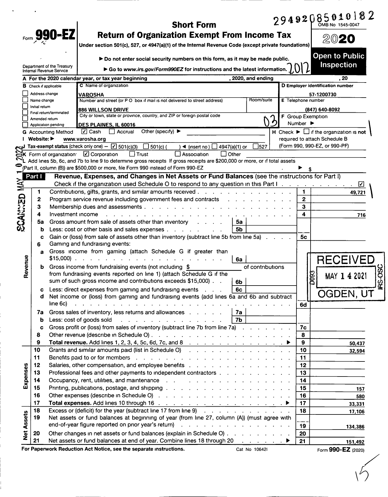 Image of first page of 2020 Form 990EZ for Varosha