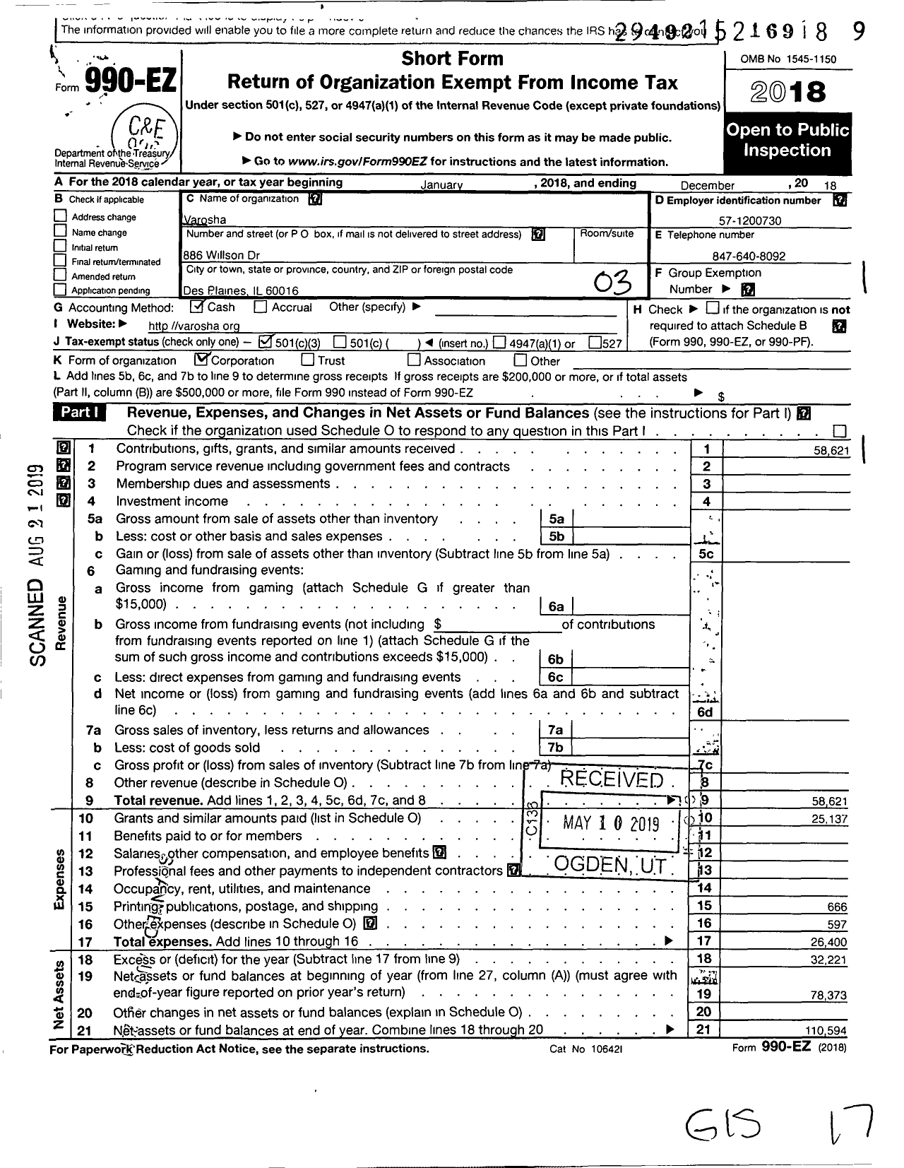 Image of first page of 2018 Form 990EZ for Varosha