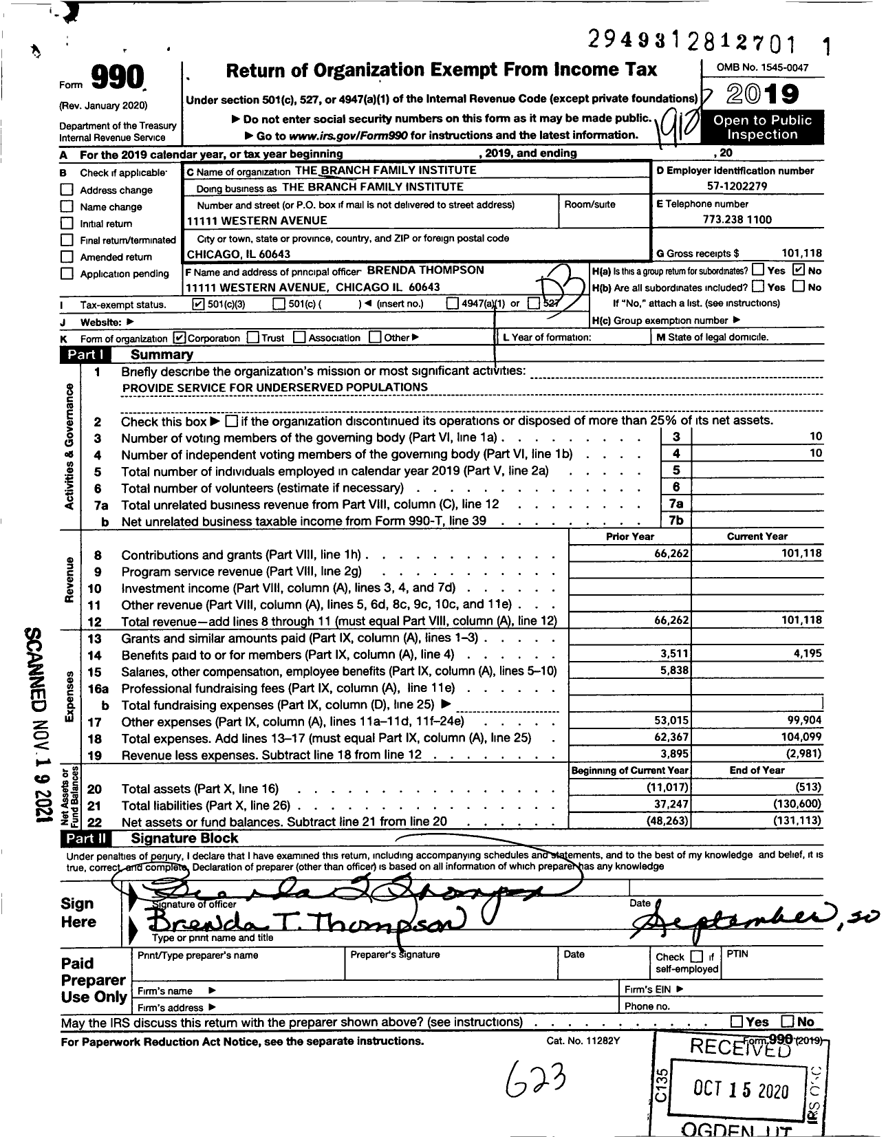 Image of first page of 2019 Form 990 for The Branch Family Institute