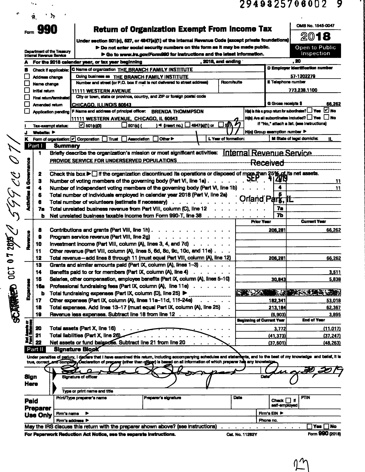 Image of first page of 2018 Form 990 for The Branch Family Institute