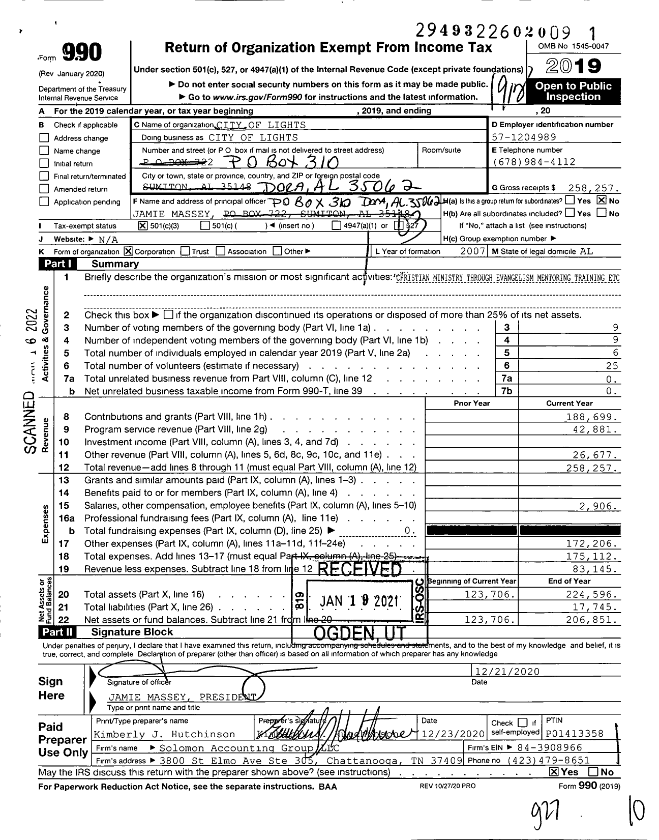 Image of first page of 2019 Form 990 for City of Lights