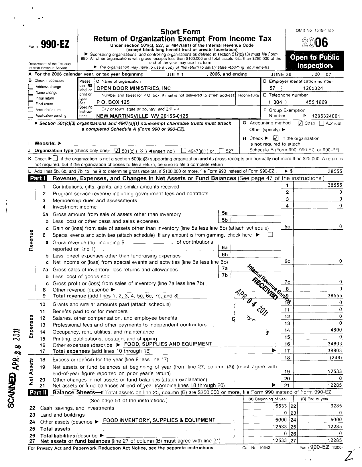 Image of first page of 2006 Form 990EZ for Open Door Ministries