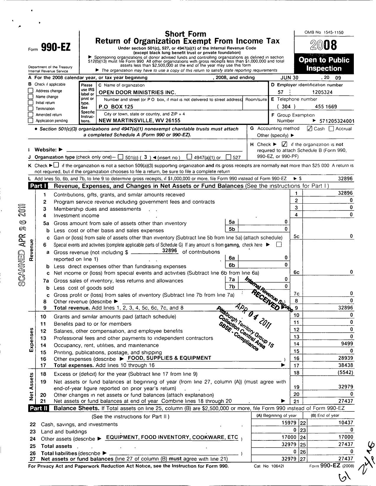 Image of first page of 2008 Form 990EZ for Open Door Ministries