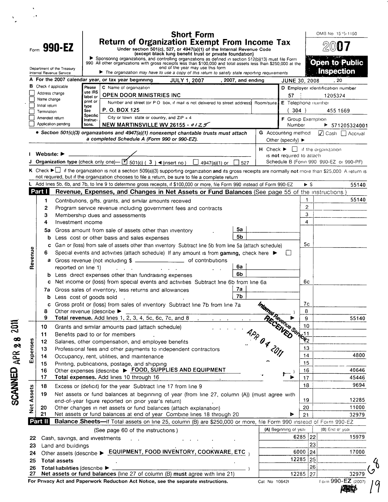 Image of first page of 2007 Form 990EZ for Open Door Ministries