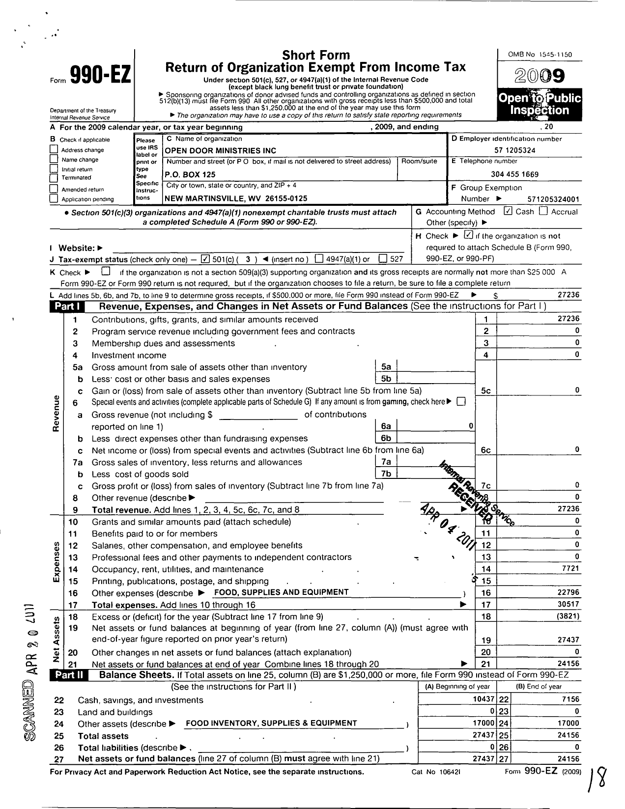 Image of first page of 2009 Form 990EZ for Open Door Ministries