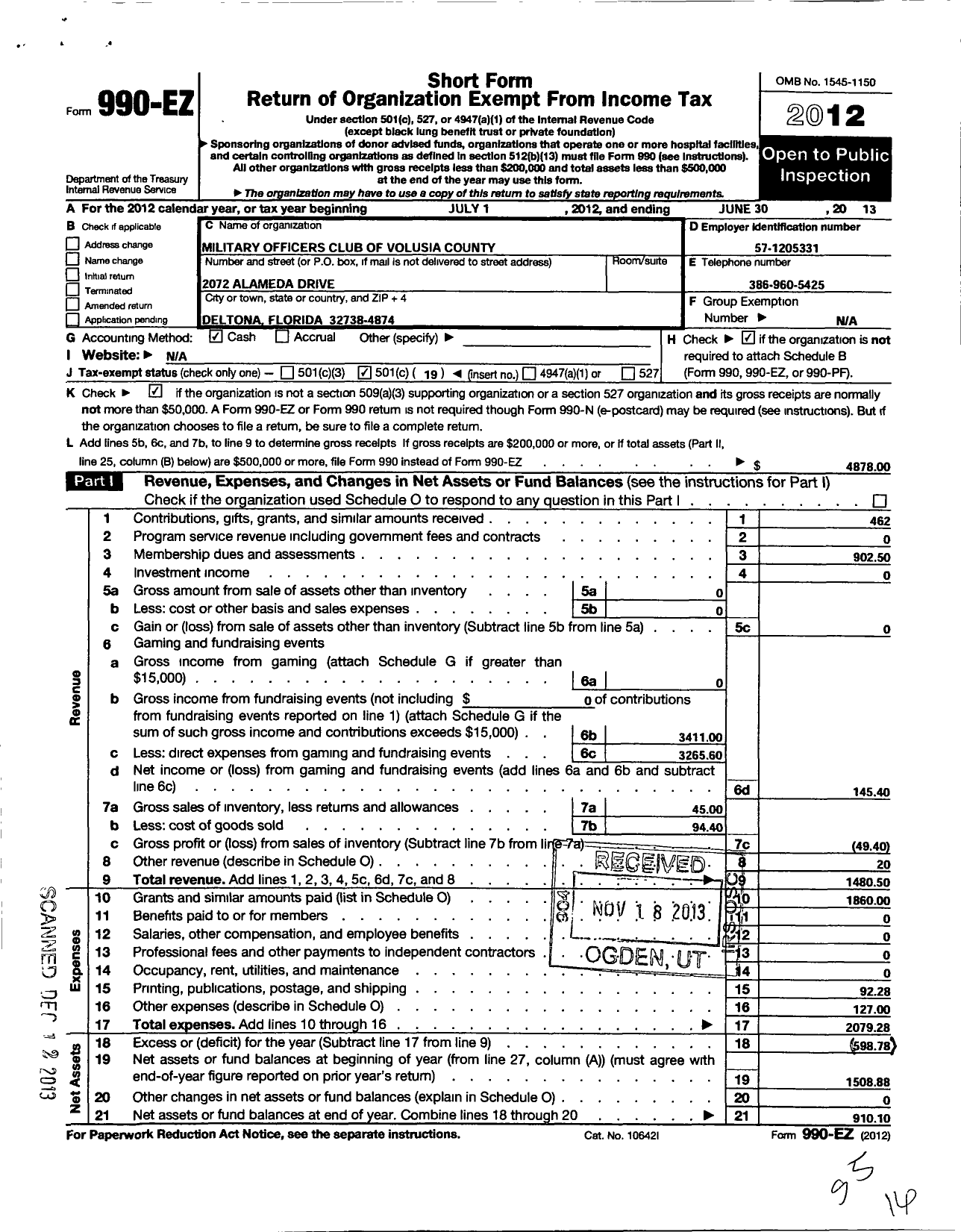 Image of first page of 2012 Form 990EO for West Volusia Moaa Chapter