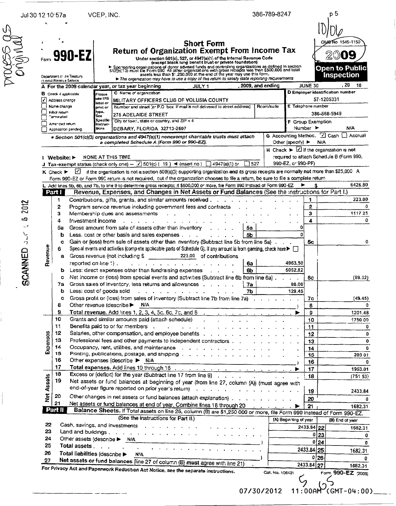 Image of first page of 2009 Form 990EO for West Volusia Moaa Chapter