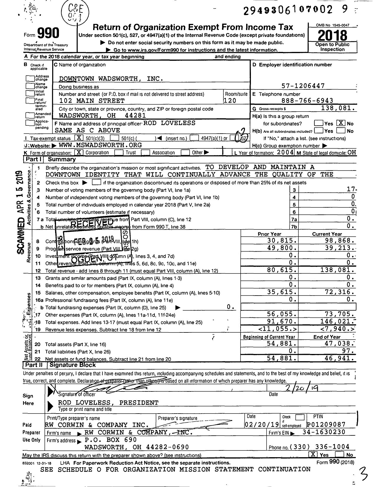 Image of first page of 2018 Form 990 for Downtown Wadsworth