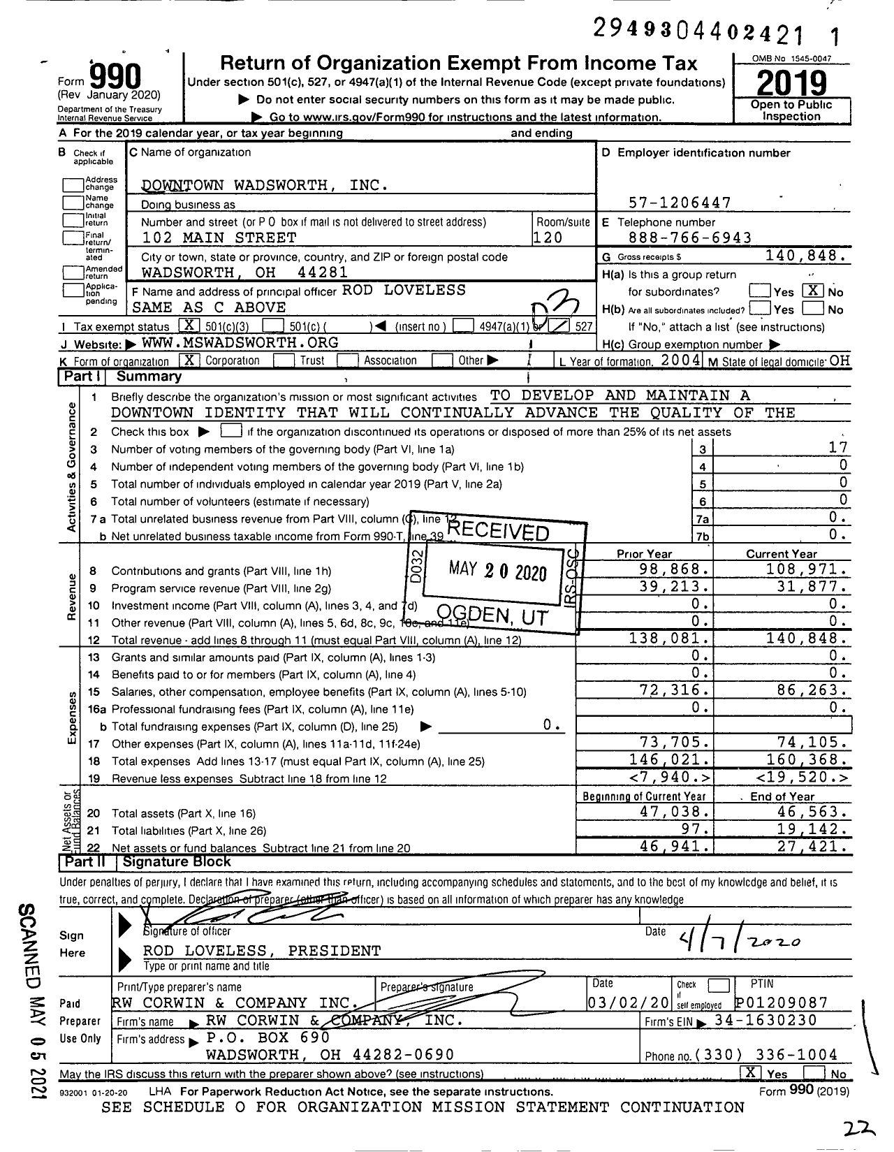 Image of first page of 2019 Form 990 for Downtown Wadsworth