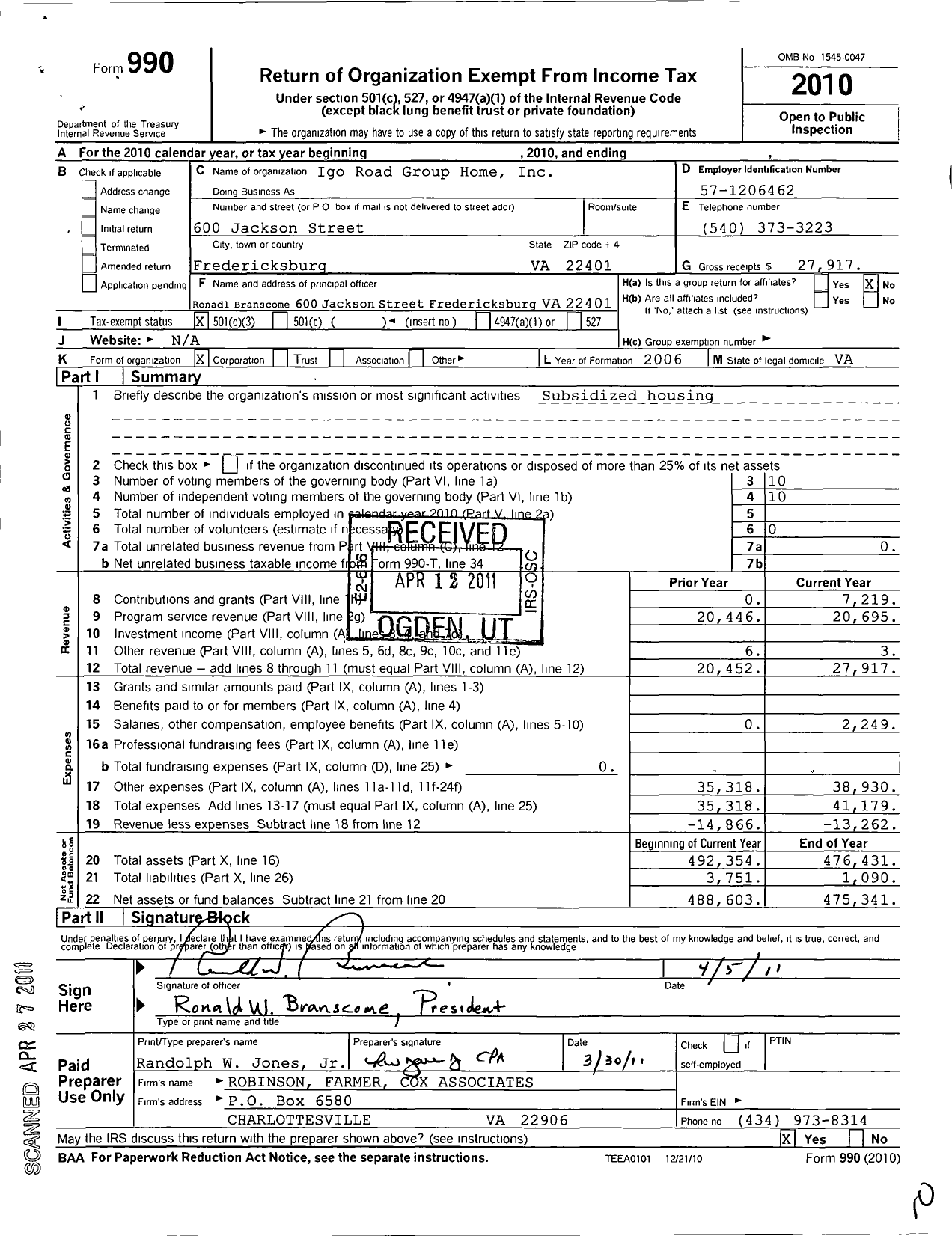 Image of first page of 2010 Form 990 for Igo Road Group Home