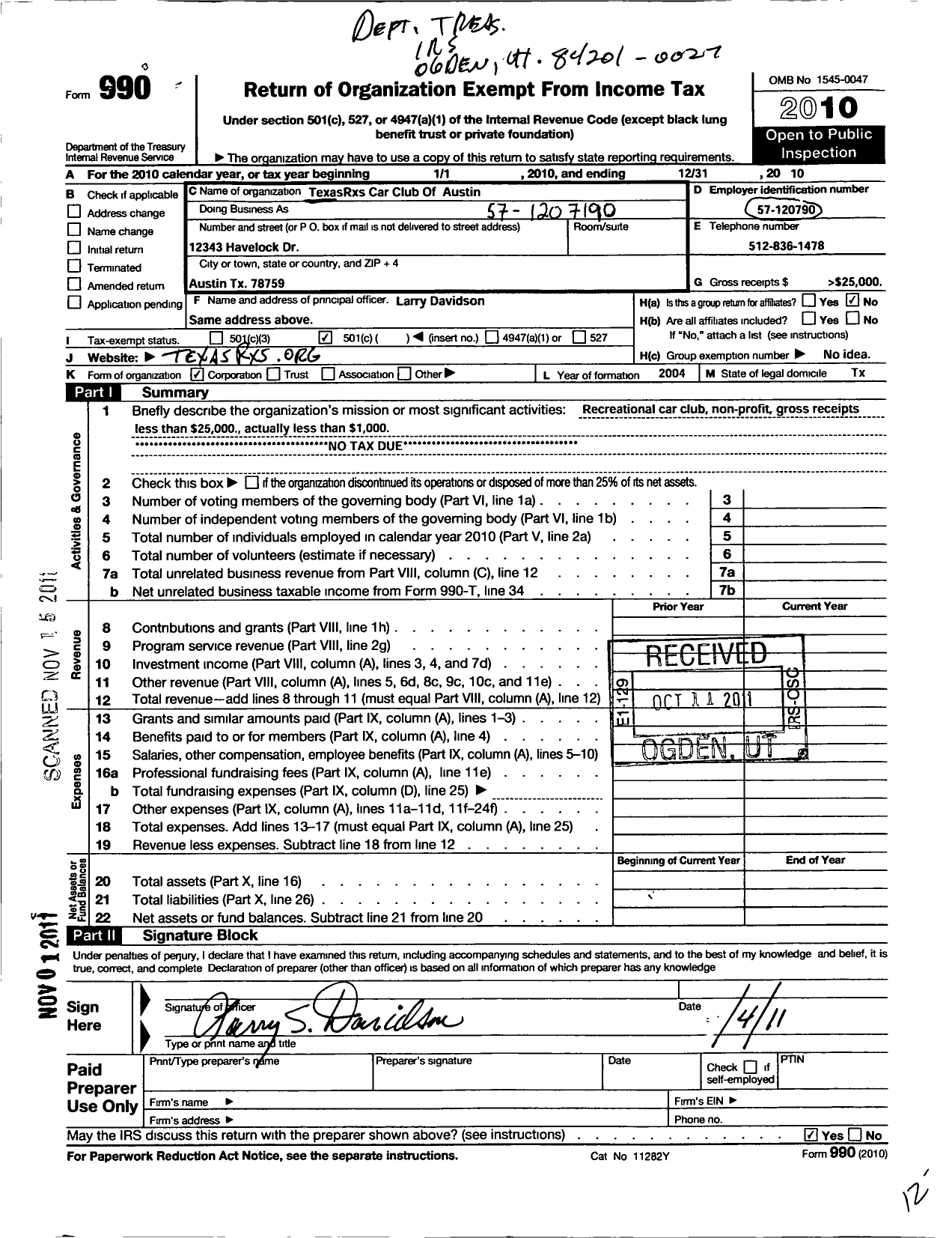 Image of first page of 2010 Form 990O for Texasrxs Car Club of Austin