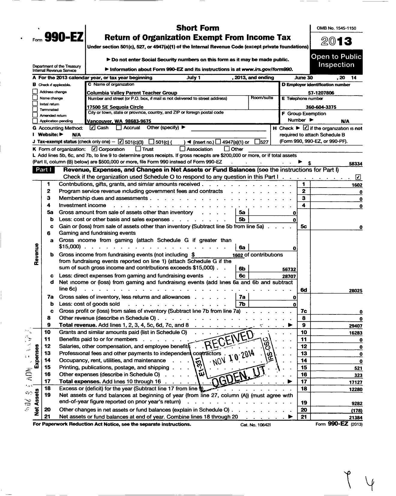 Image of first page of 2013 Form 990EZ for Columbia Valley Parent Teacher Group