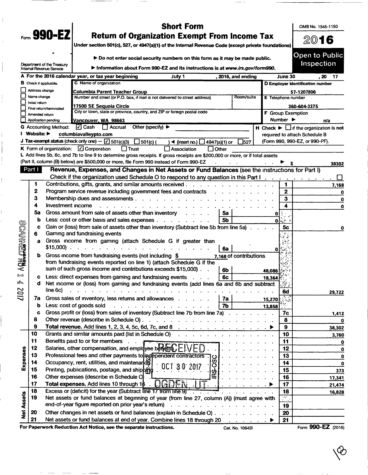 Image of first page of 2016 Form 990EZ for Columbia Valley Parent Teacher Group